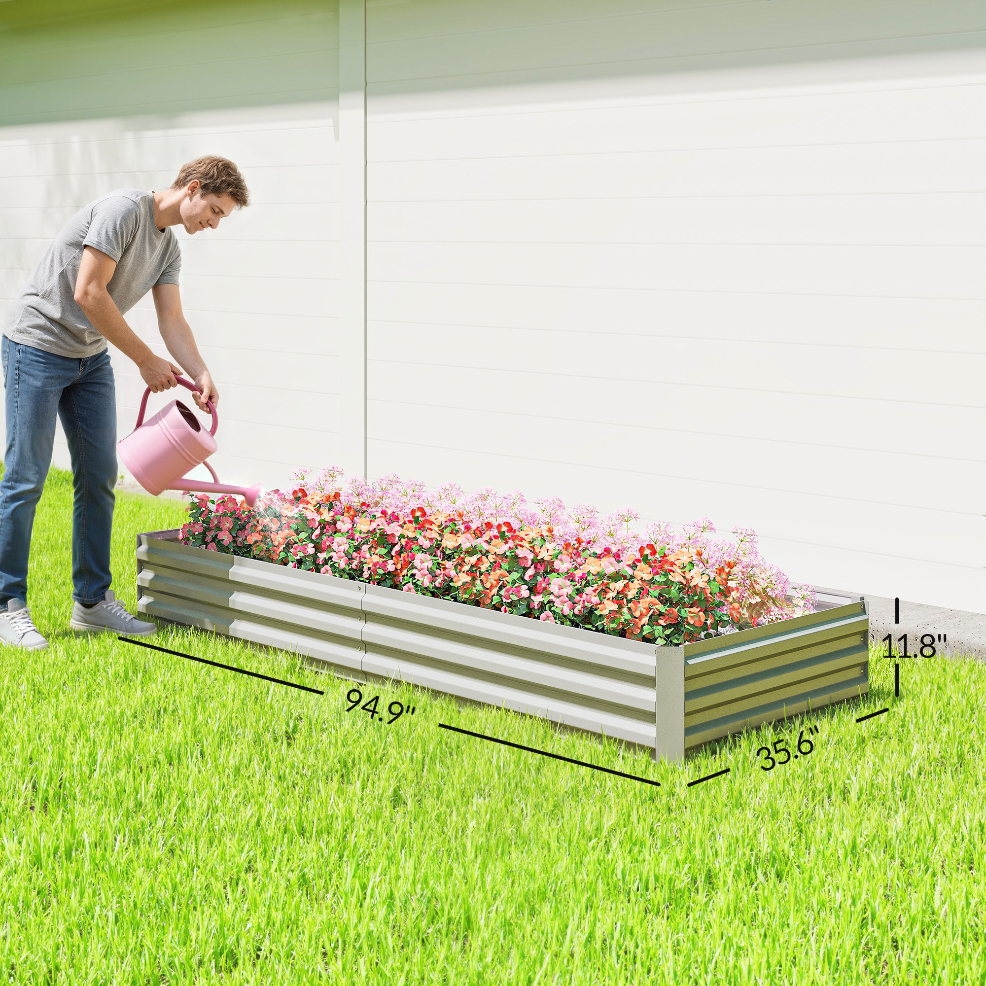  95" x 36" x 12" Galvanized Raised Garden Bed, Easy DIY and Cleaning for Growing Flowers, Herbs, Succulents, Silver