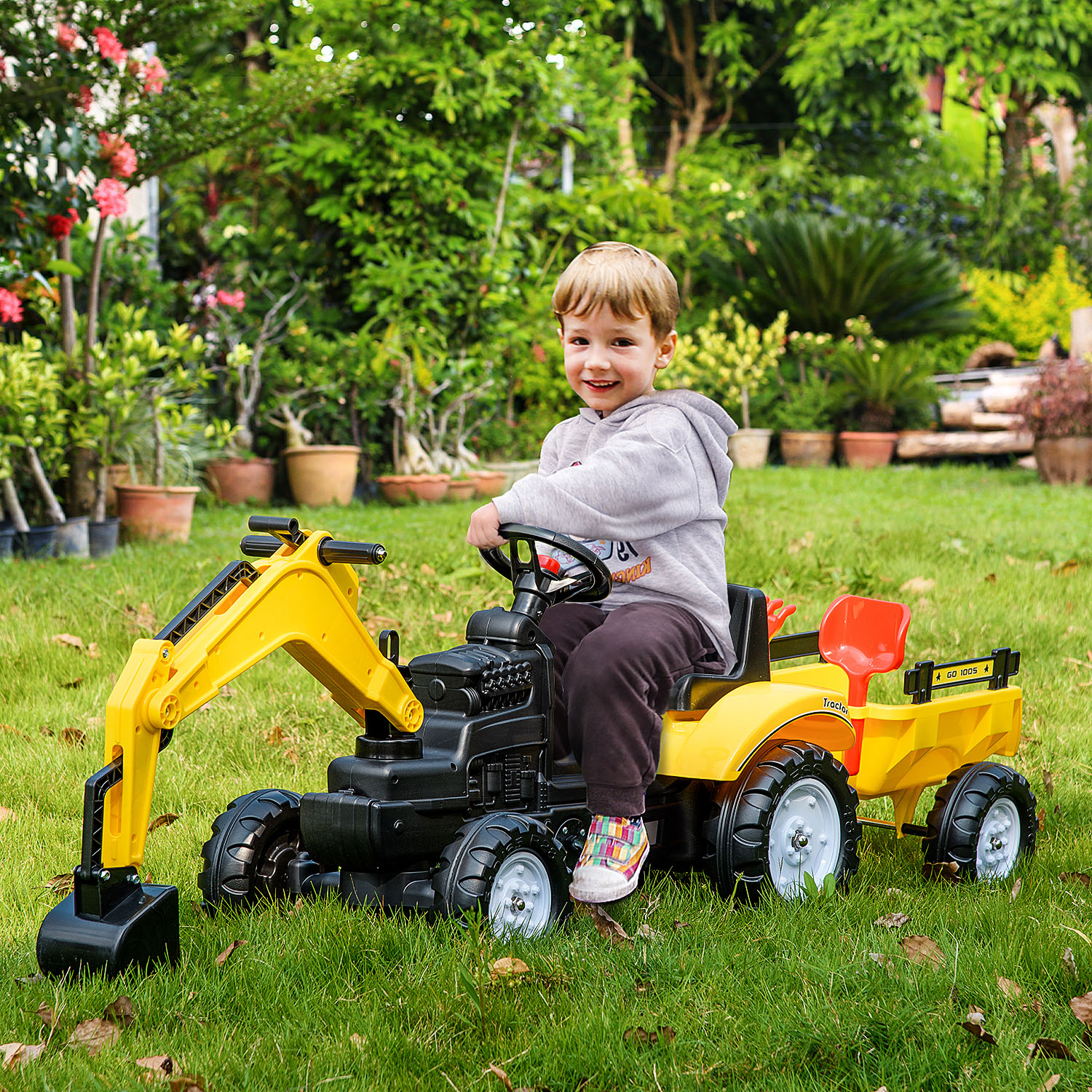 Digger Ride-on Truck Kids Car with Horn, Excavator Ride-on Toy, Imaginative Toy Construction Car, 6 Wheels & Detachable Trailer, Yellow — foto 5
