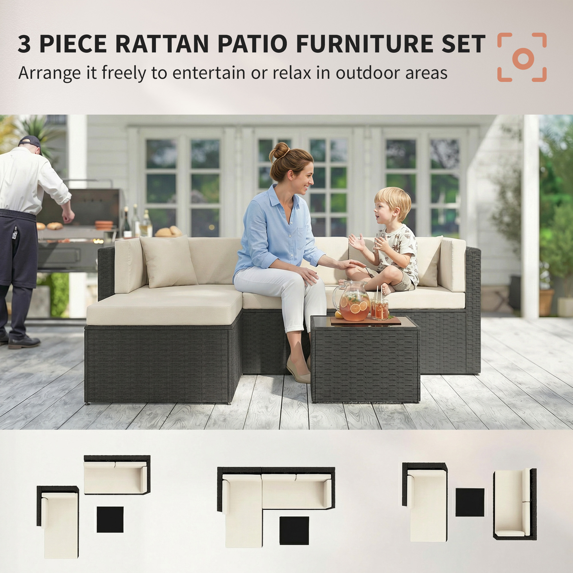  3 Piece Patio Furniture Set, Wicker Outdoor Patio Conversation Furniture Set with Cushions, Glass Top Table, Beige