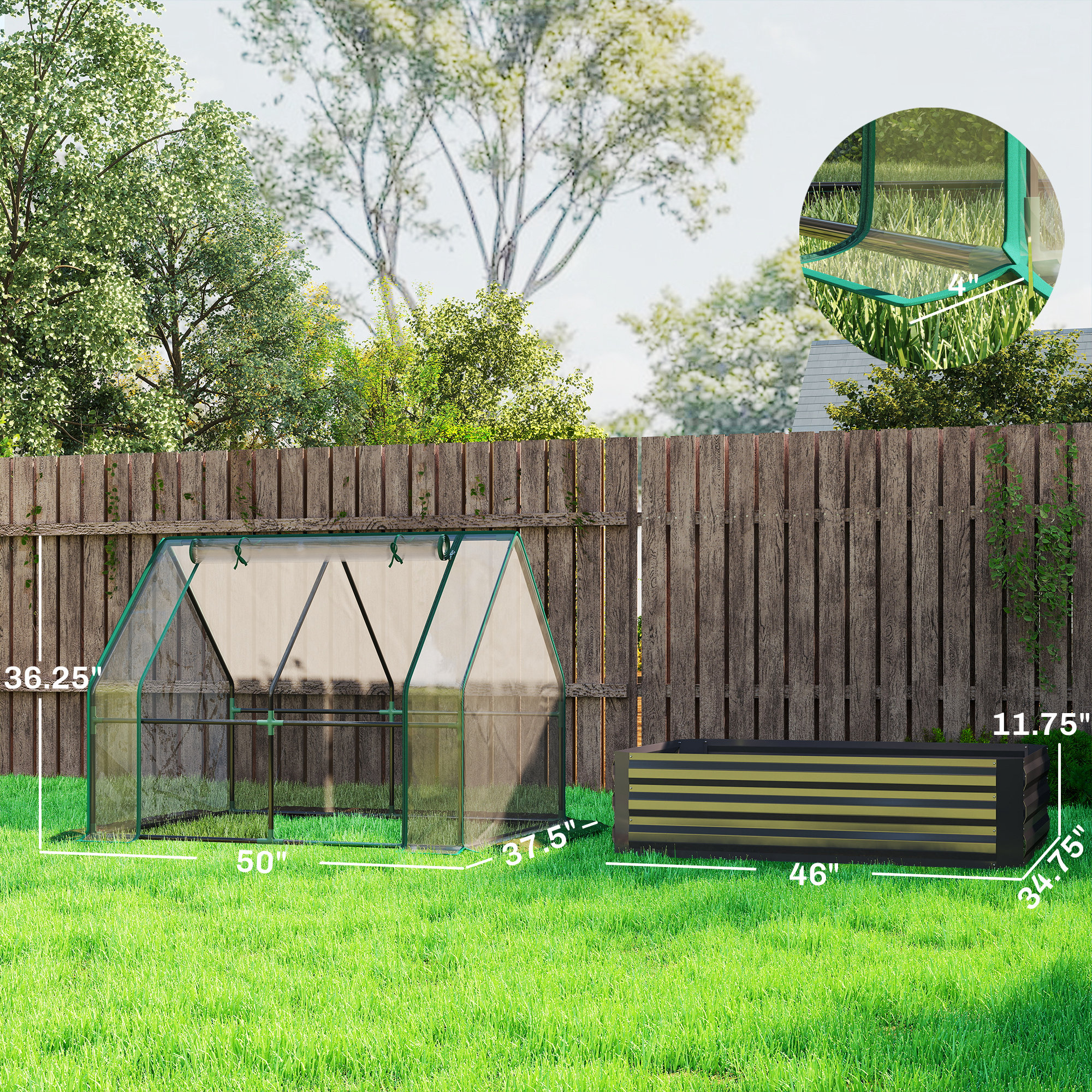  4 x 3 x 3ft Raised Garden Bed with Mini Greenhouse, Galvanized Raised Garden Bed with Cover, Clear and Dark Gray