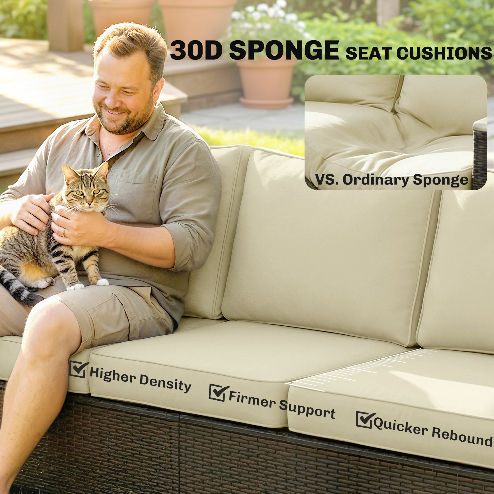  3 Seater Outdoor Couch Sofa, PE Wicker Patio Sofa, Wide Deep Seat, 4" Cushions, Wood-Effect Armrests Legs, Beige