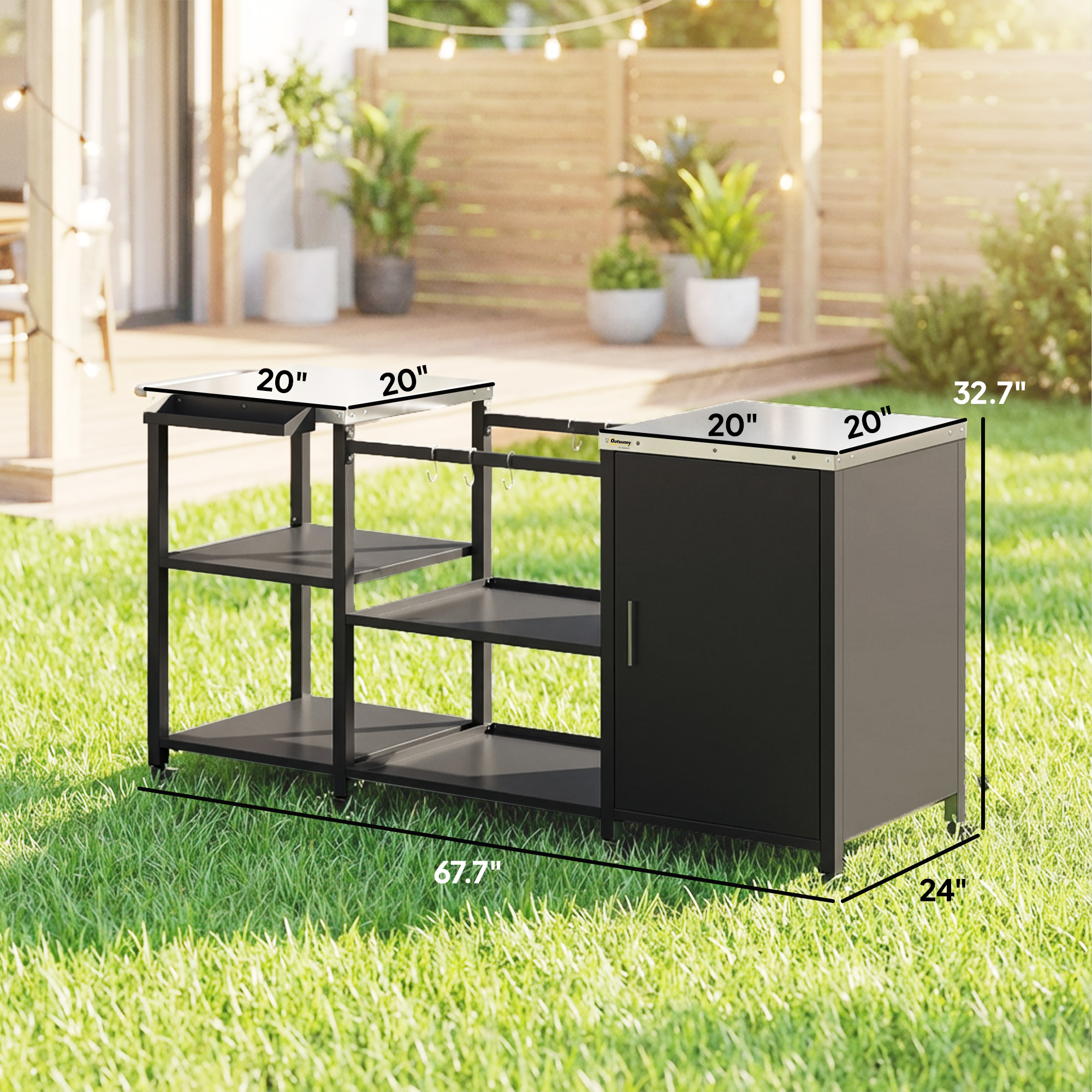  Grill Table for Big Green Egg Grill, Heavy Duty Metal BBQ Prep Table with Stainless Steel Top and Storage Cabinet, Black
