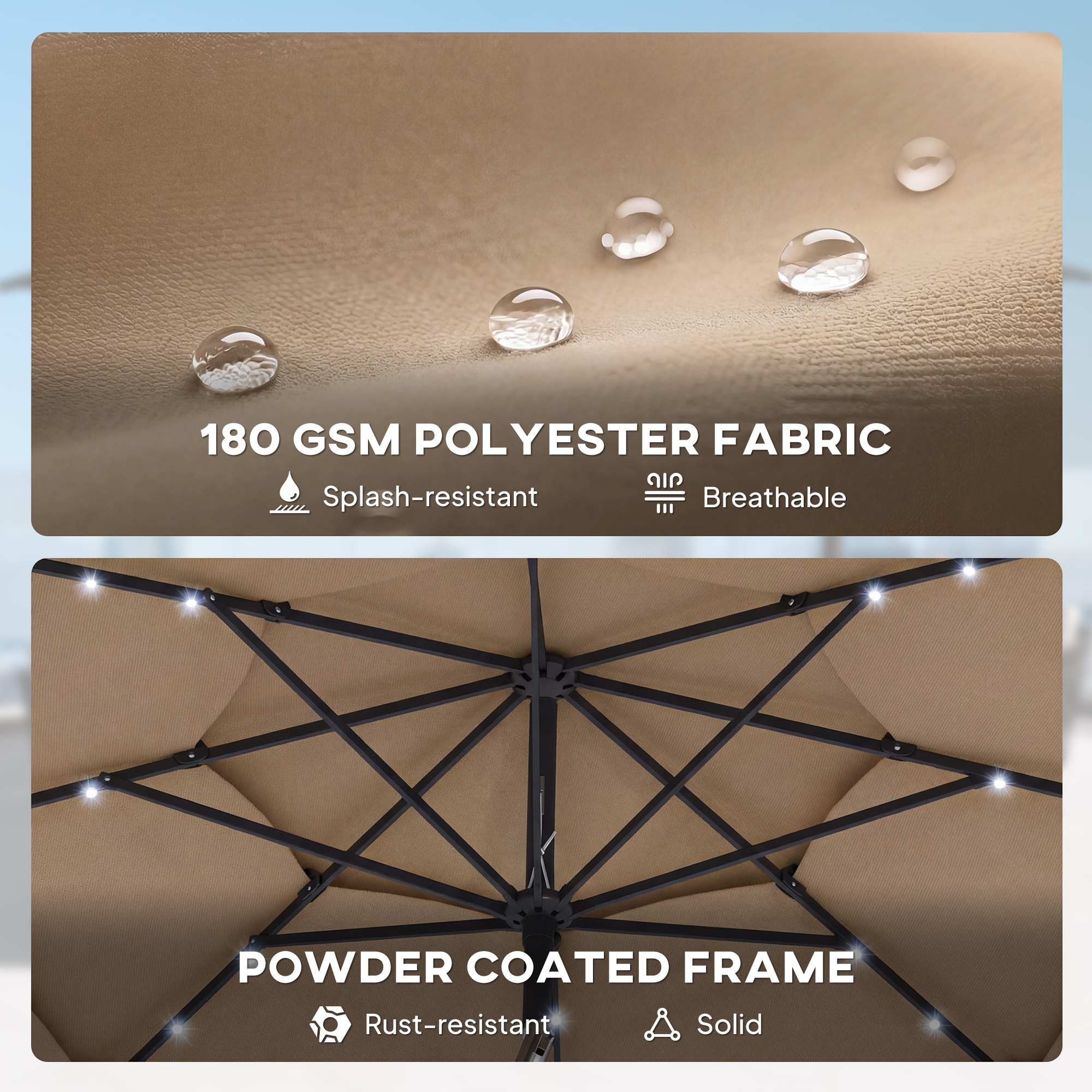  9.7 ft Outdoor Patio Umbrella with Solar LED Lights, 3 Tier Outdoor Table Umbrella with Tilt, Crank, Khaki