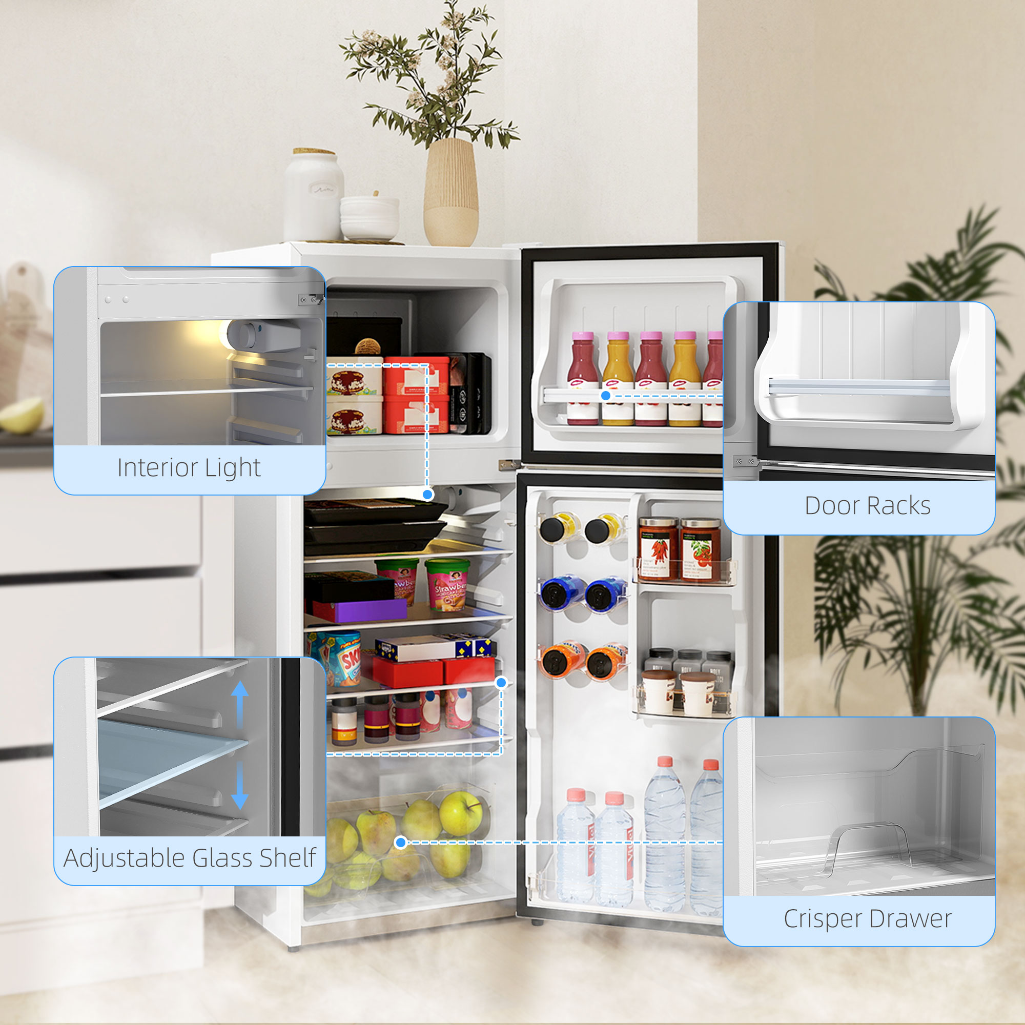  Small Fridge with Freezer, 4 Cu Ft Refrigerator with Reversible Doors, White