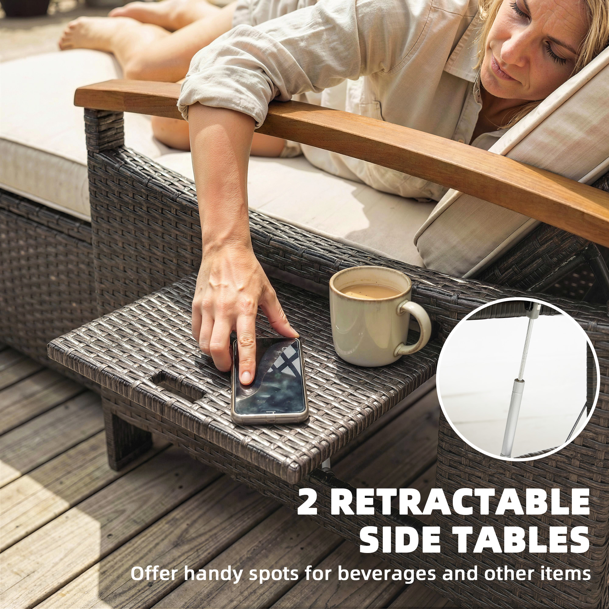  Rattan Outdoor Daybed w/4-Level Adjustable Backrest, Patio Sofa Bed w/Storage Ottoman, Acacia Wood Armrest, Beige