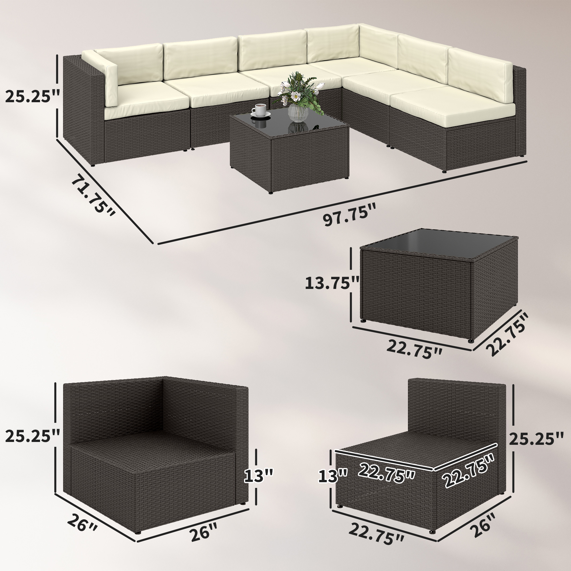  7 Piece Patio Furniture Set, All Weather PE Rattan Outdoor Furniture Conversation Sets with Glass Top Coffee Table