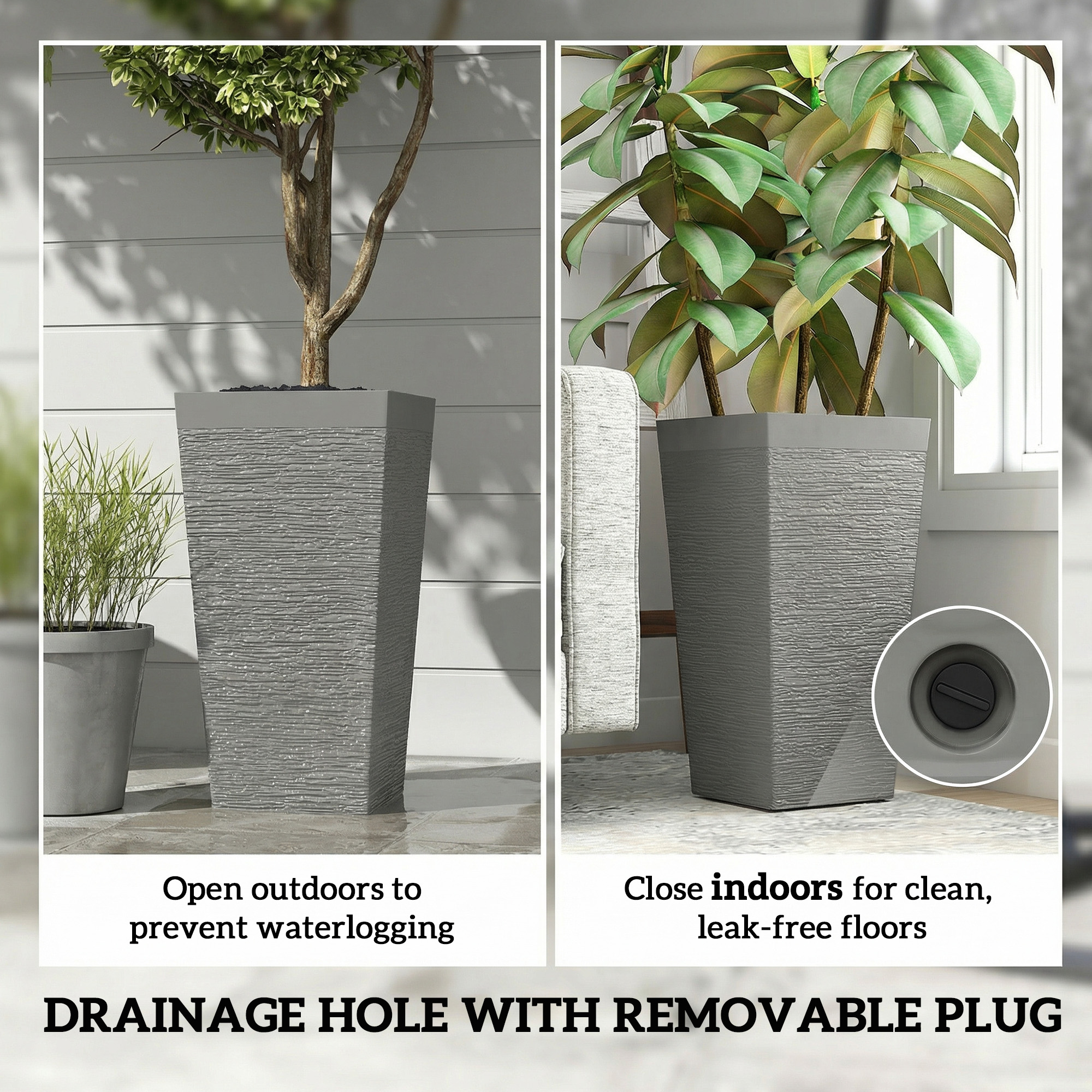  22.8 Inch Set of 3 Outdoor Planters with Stone Finish and Wheels, Stackable Tapered Planters with Drainage Hole, Gray