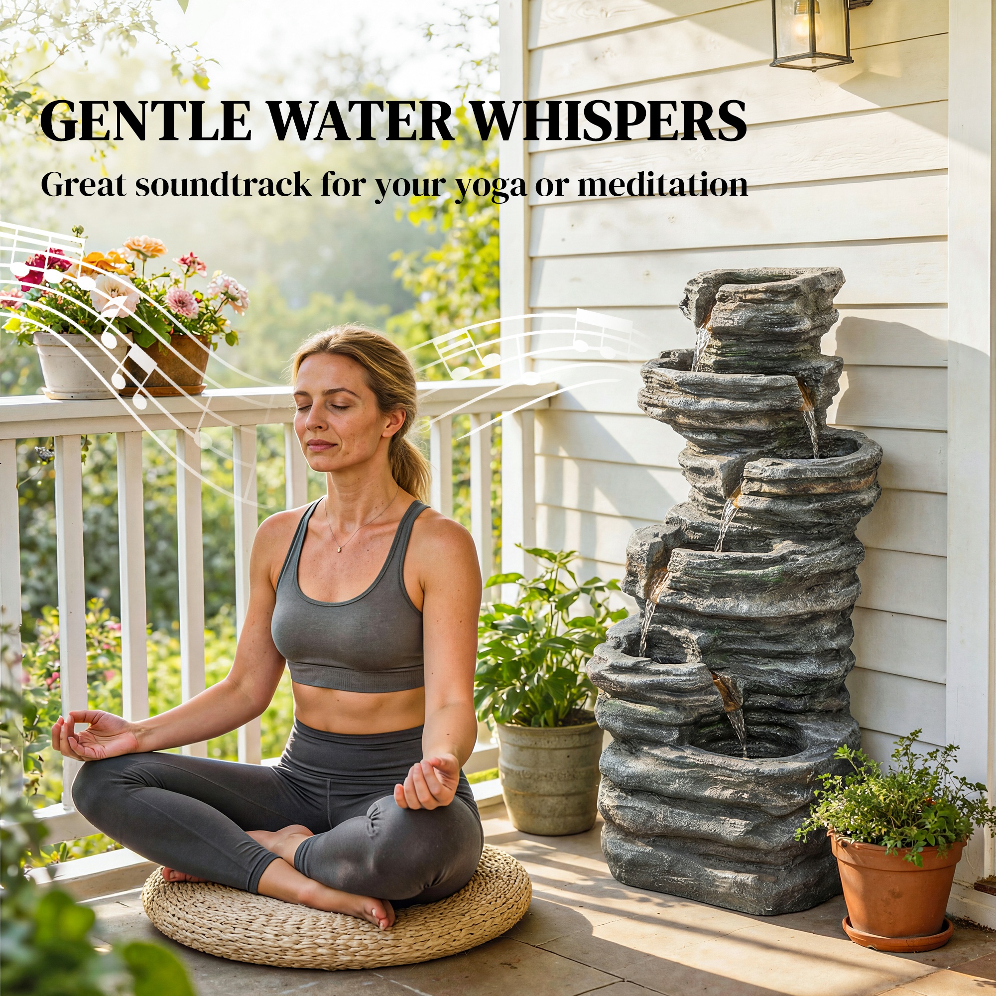  40" Tall Outdoor Waterfall Fountain with LED Lights, 6-Tier Cascading Waterfall Feature, Resin Garden Fountain, Gray