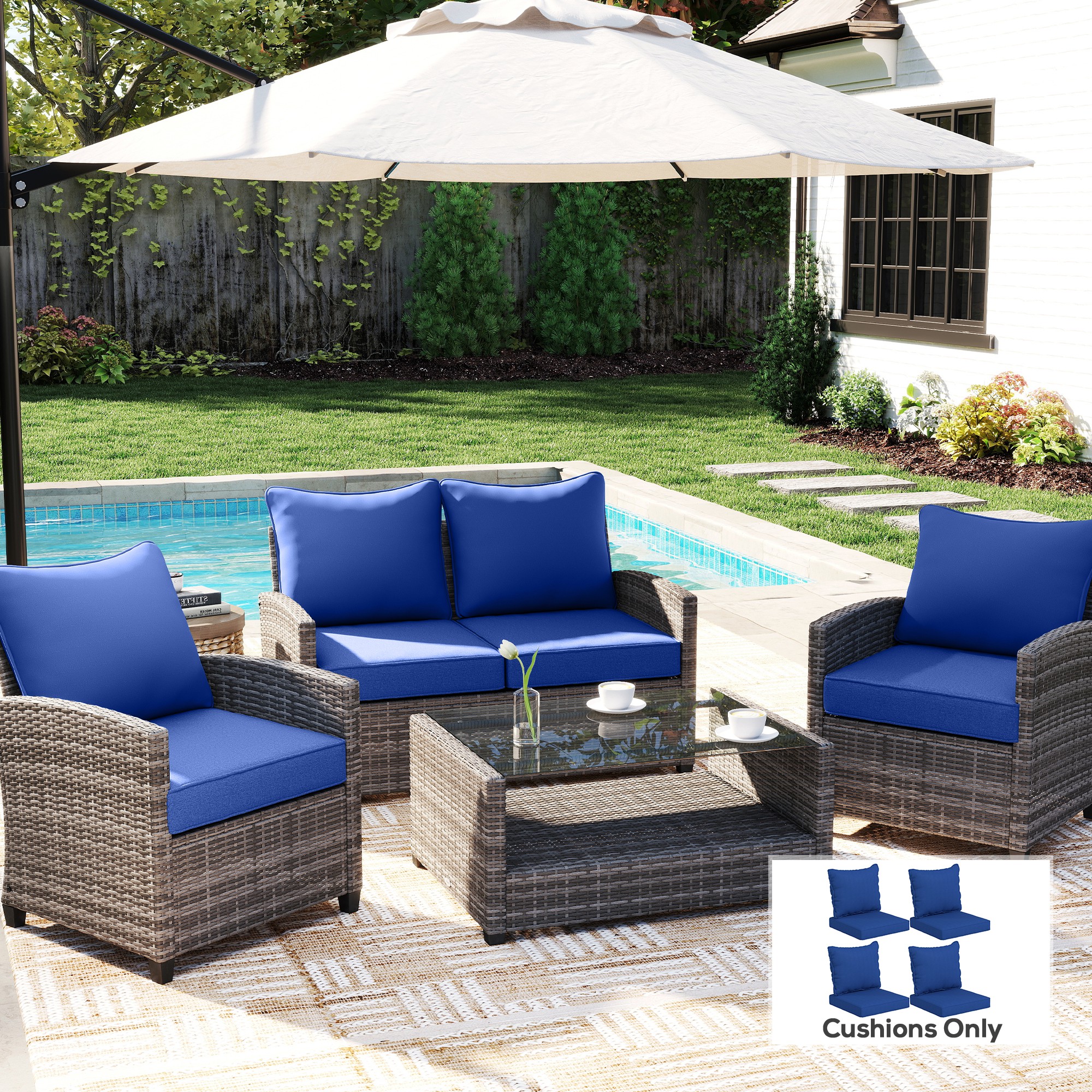  8 Patio Chair Cushions with Seat & Backrest, Fade Resistant Seat Replacement Cushion Set, Navy Blue