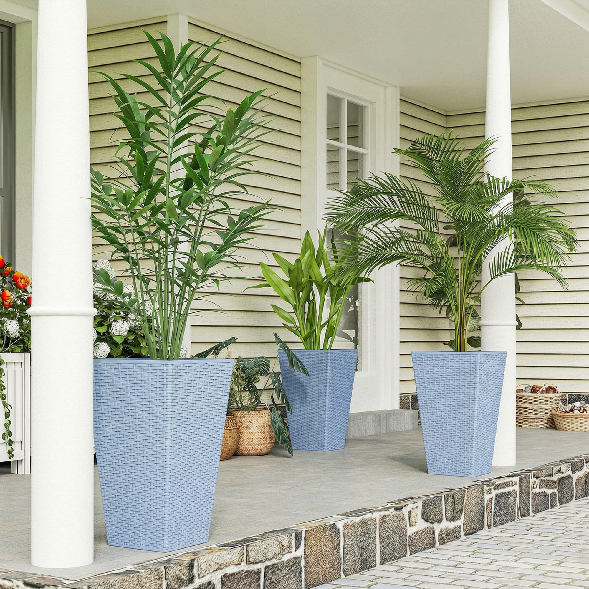 Tall Planters for Outdoor Plants Set of 3, 24 In Taper Planters with Drainage Holes, Rattan Decor Plant Pots, Light Gray