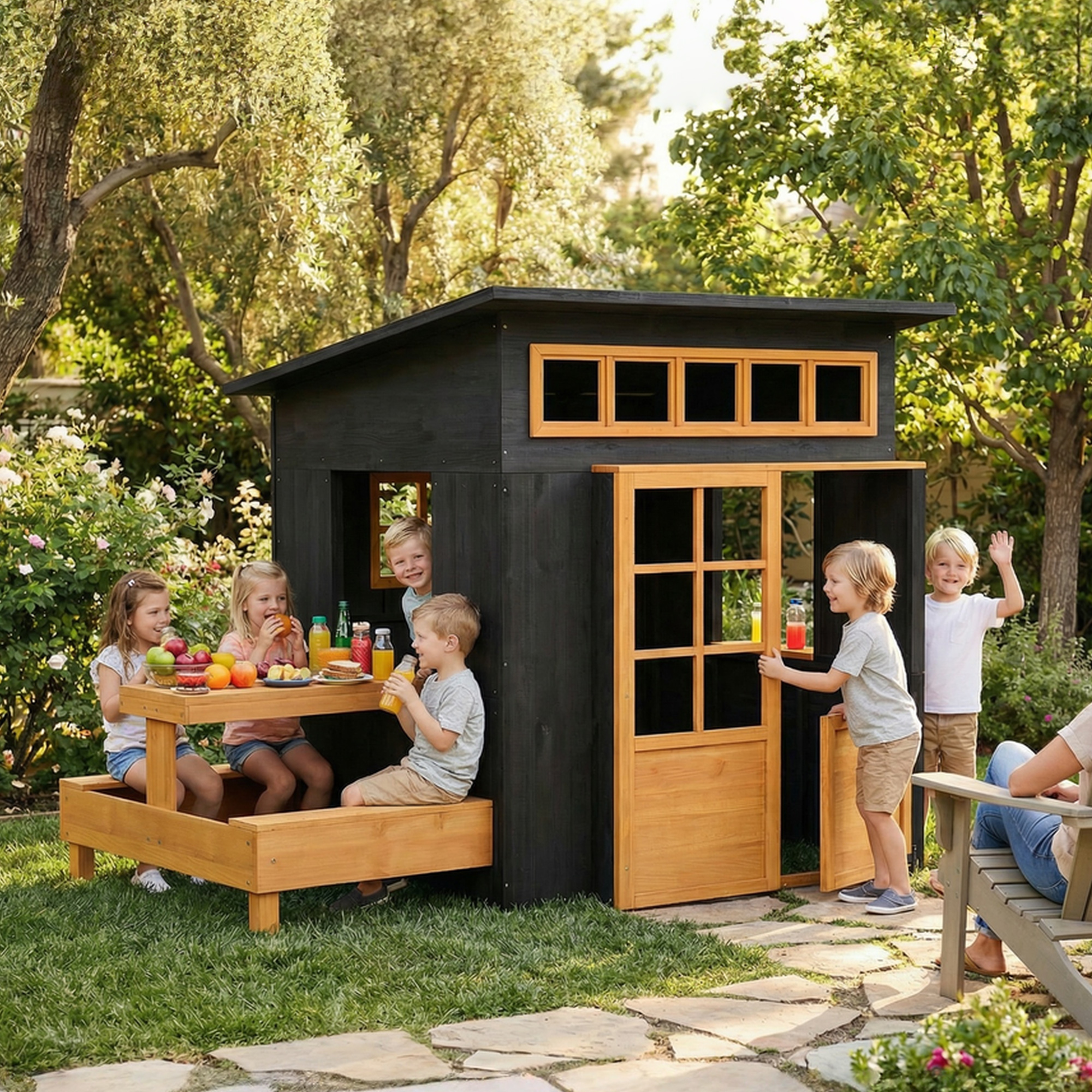 Outdoor Playhouse, Wooden Kids Playhouse w/ Picnic Table & Benches, Chalkboards, Half Door, Windows, for Kids Ages 3-8