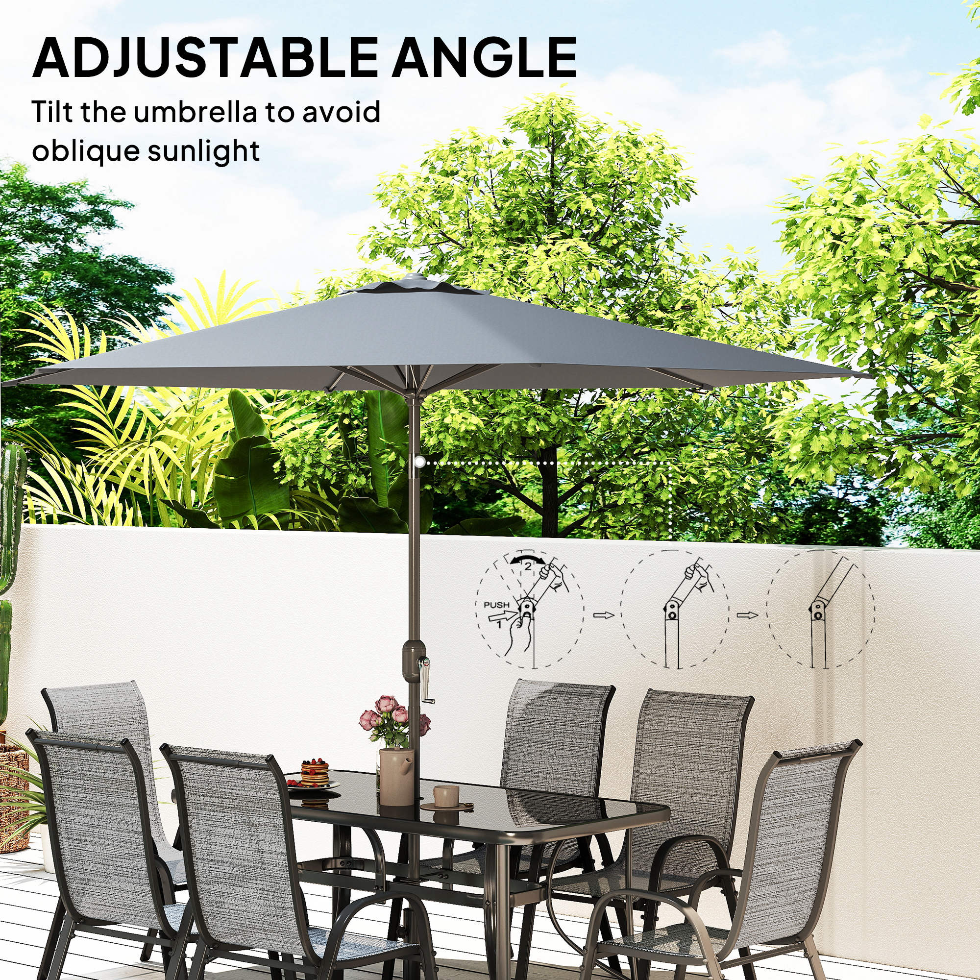  8 Pieces Patio Furniture Set with 9Ft Patio Umbrella, Outdoor Dining Table and Chairs, Mixed Gray
