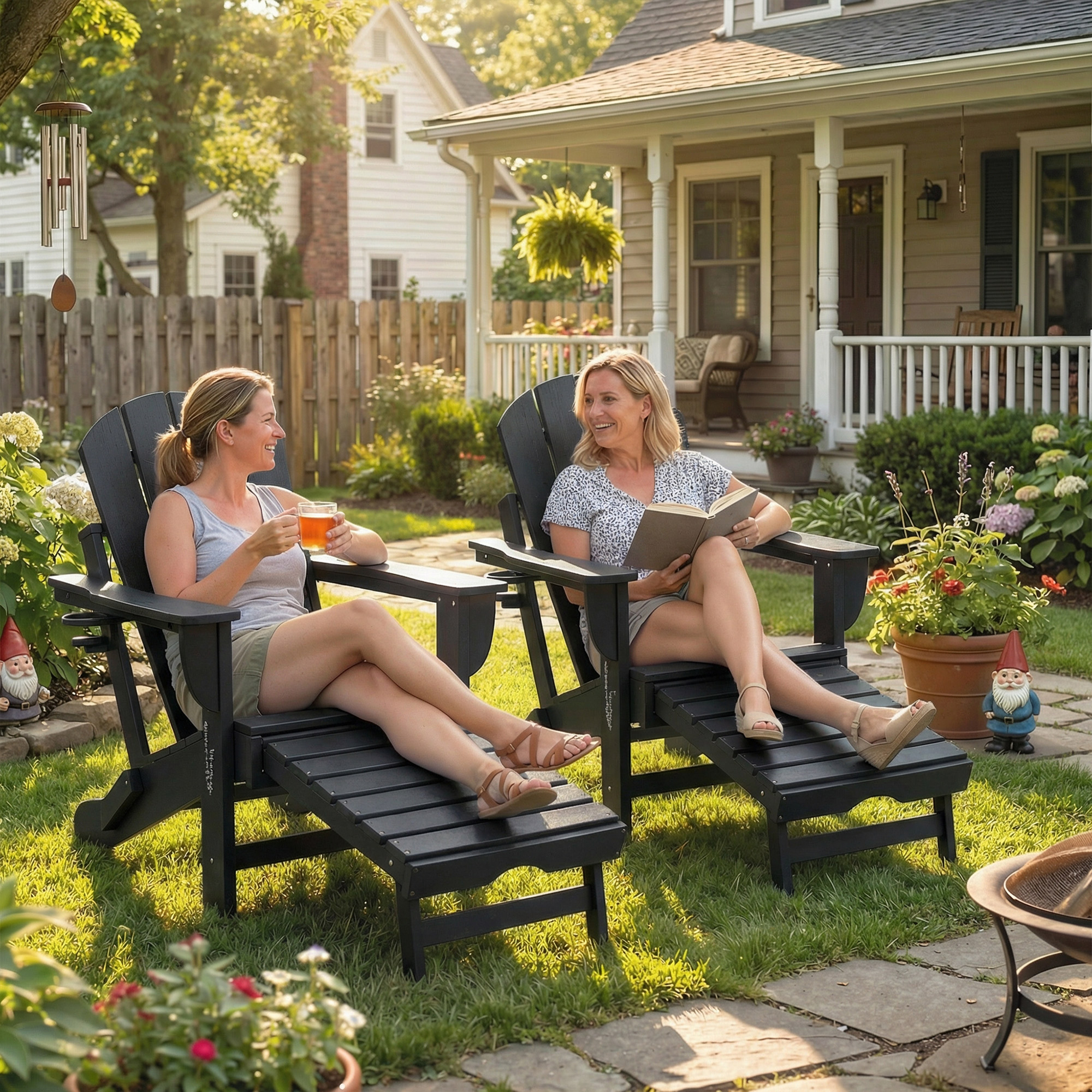  Folding Adirondack Chair Set of 2, HDPE Fire Pit Chair with Retractable Ottoman and Cup Holder, Black