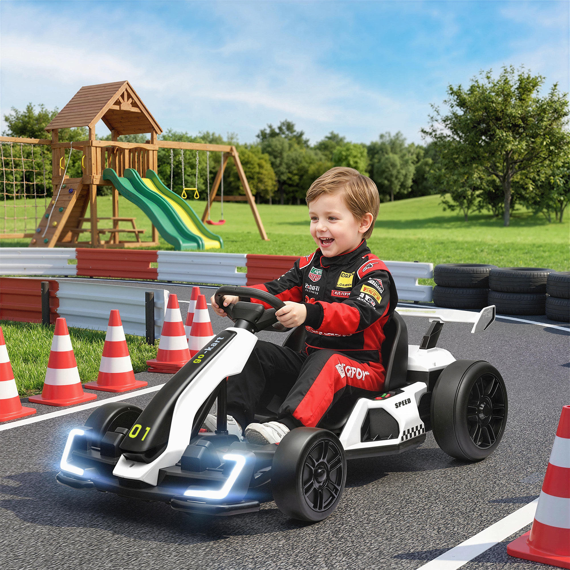 24V 7.5 MPH Electric Go Kart with Adjustable Seat, Slow Start, White