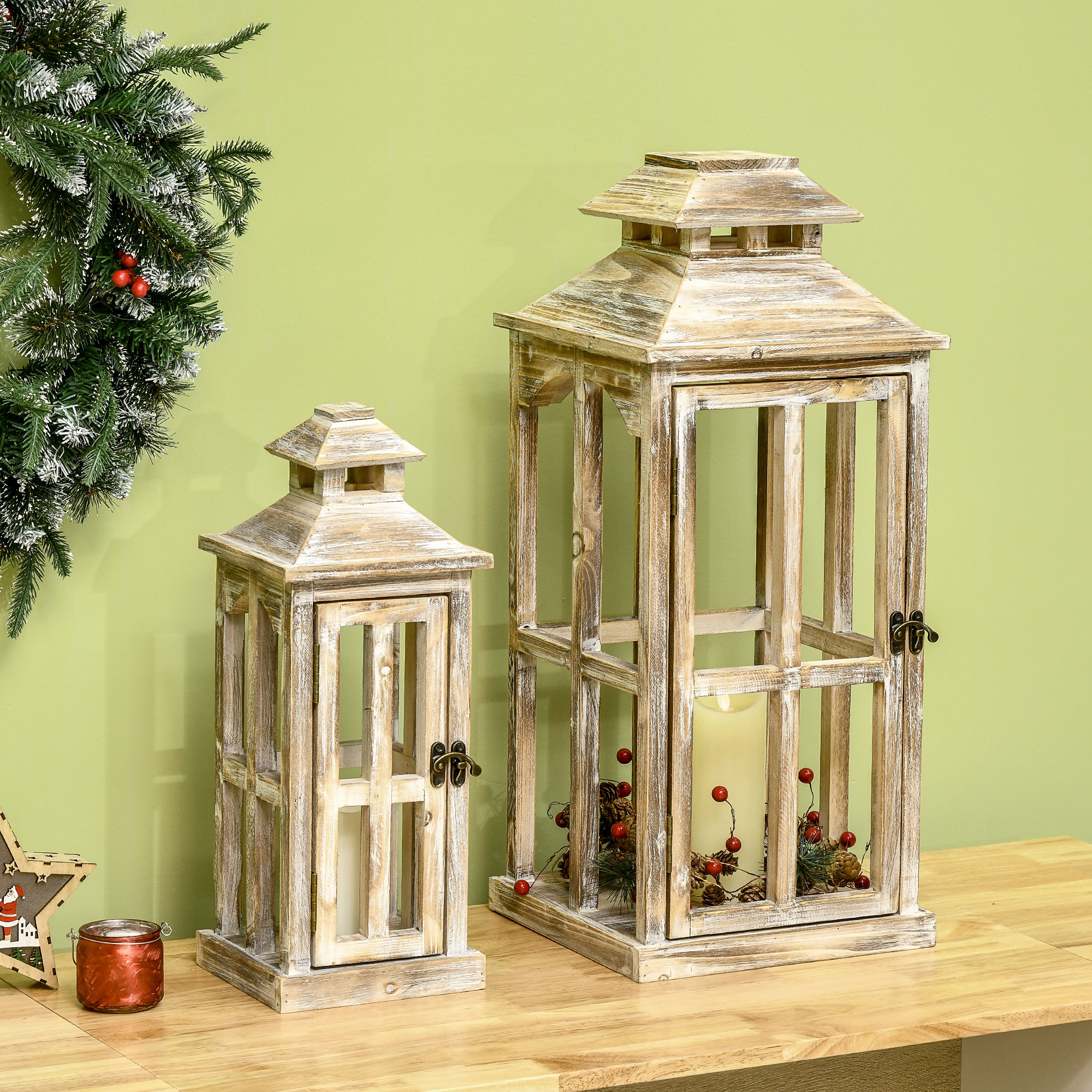 2 Pack 28"/20" Large Rustic Wooden Lantern Decorative, Indoor/Outdoor Lantern for Home Décor (No Glass), Natural