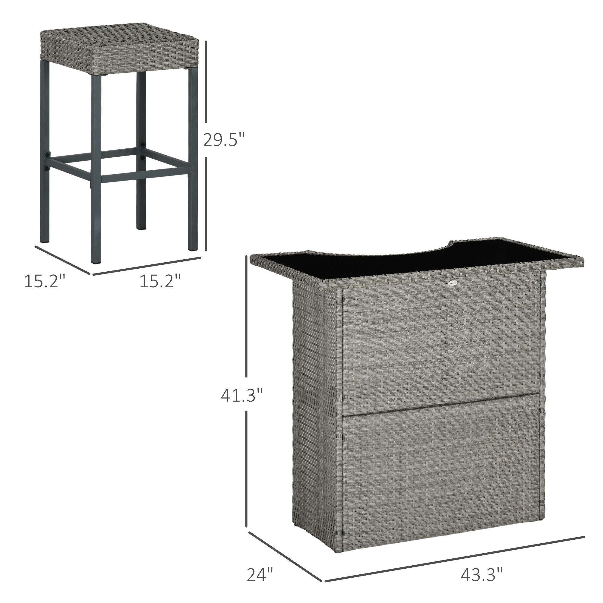  5 Piece Rattan Wicker Bar Set, High Top Outdoor Table and Chairs, Bar Height Patio Set, 2 Shelves & 4 Bar Stools, Gray