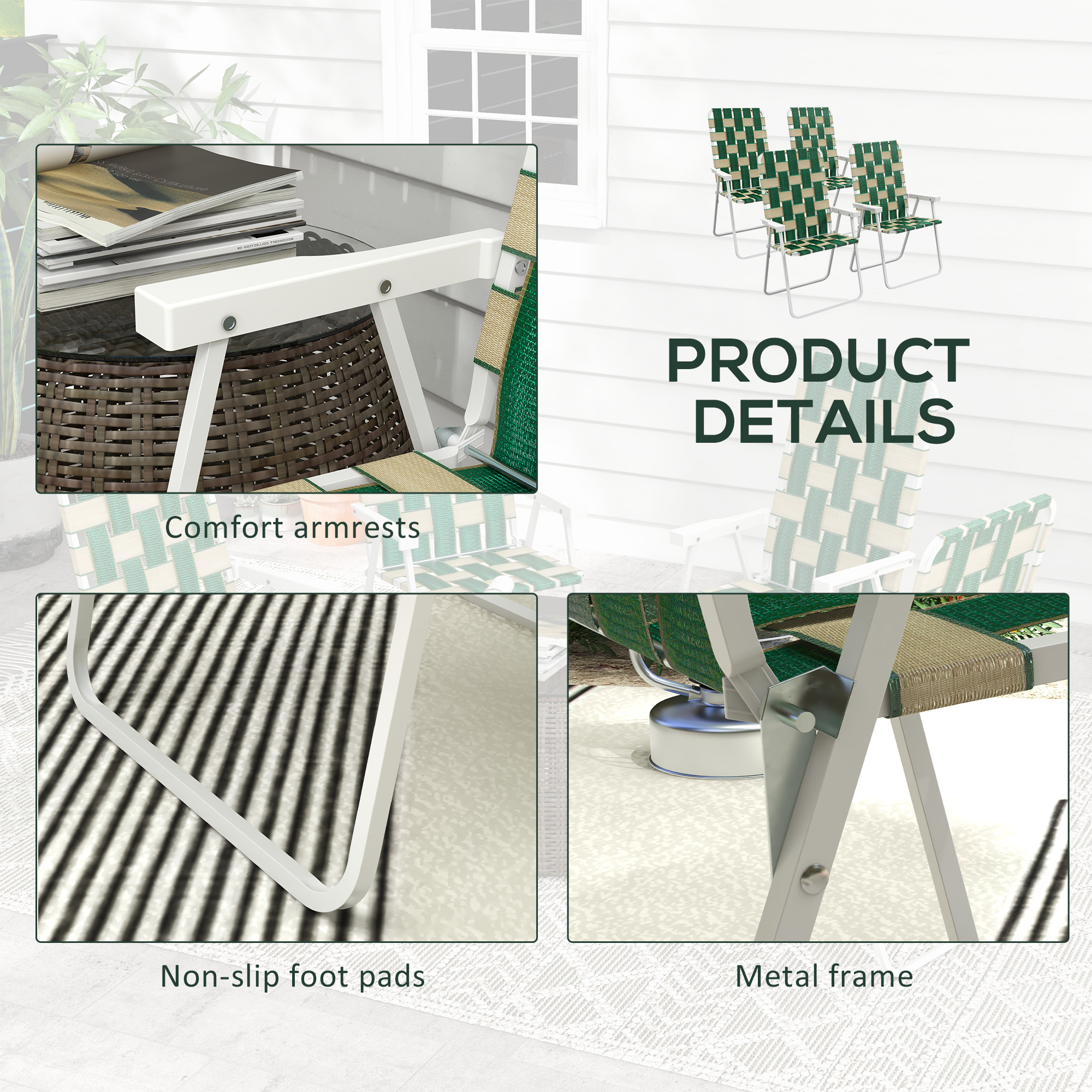  Set of 4 Patio Folding Chairs, Classic Outdoor Camping Chairs, Portable Lawn Chairs w/ Armrests, Green