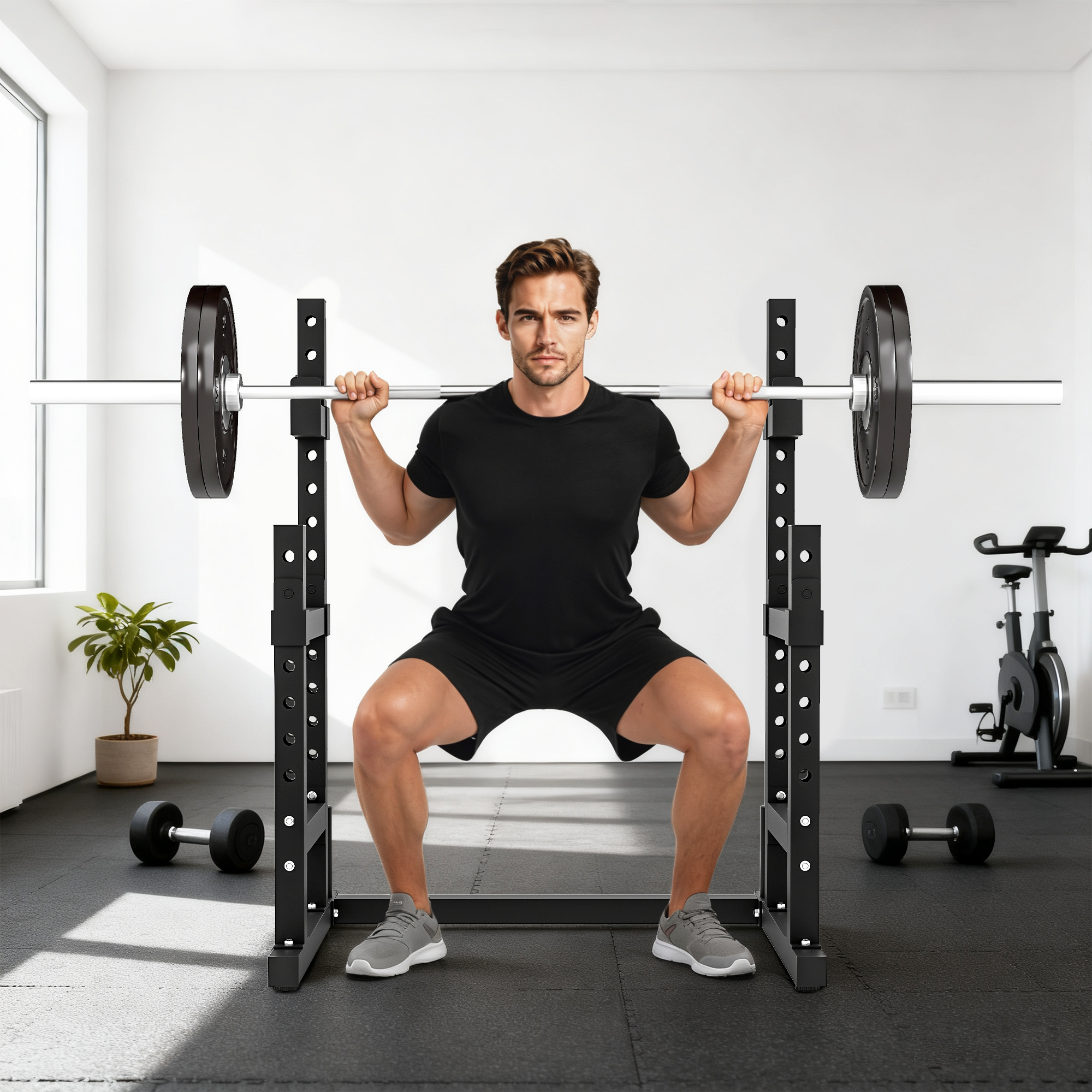 Adjustable Squat Rack, 660lbs Multi-Functional Bench Press Rack for Weight Lifting Home Gym Strength Training, Black