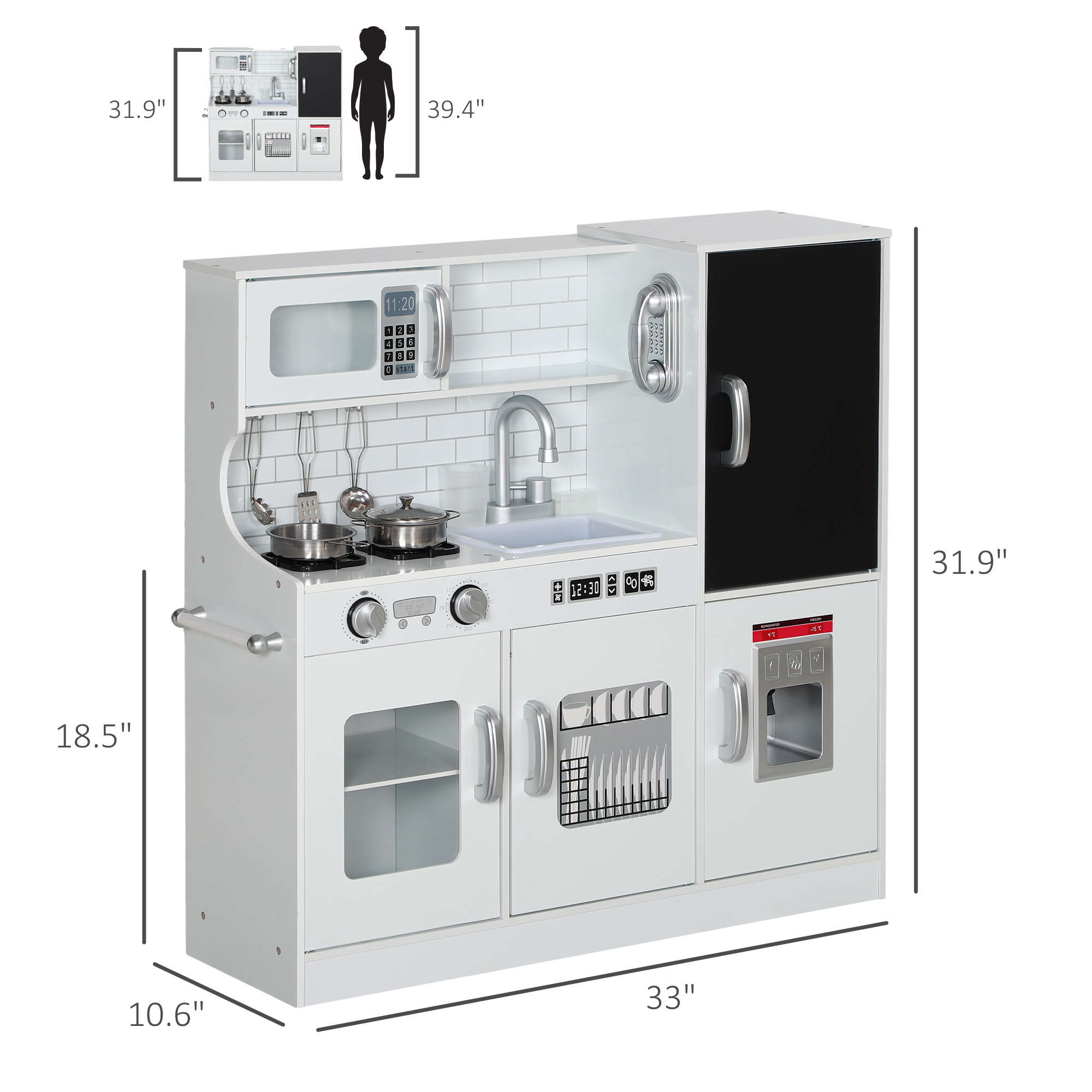 Pretend Play Kitchen, Kids Kitchen Playset with Play Phone, Chalkboard, Towel Rack & Ice Maker for 3-8 Years White