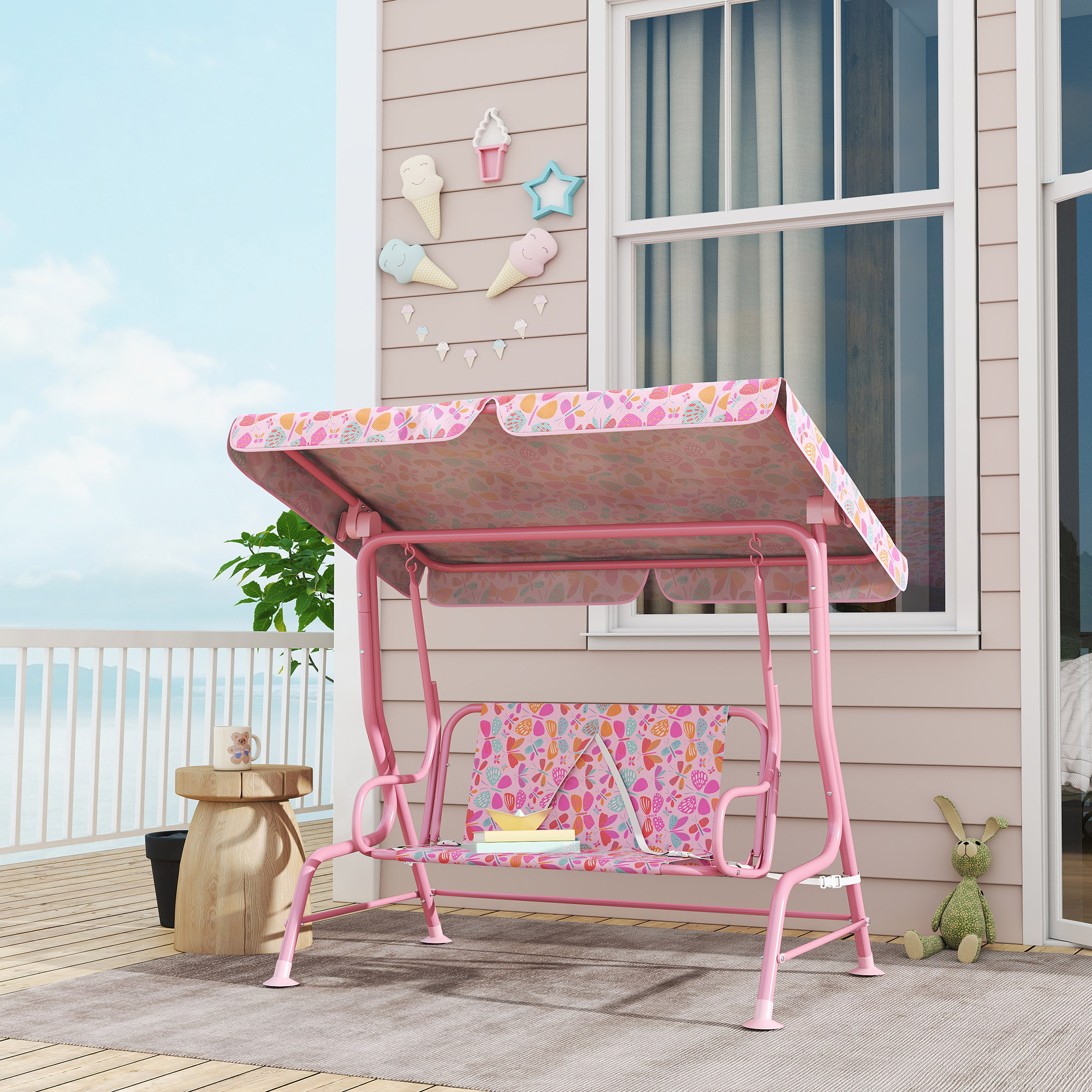 Kids Patio Swing, 2-Seater Outdoor Porch Swing with Safety Belt and Adjustable Canopy for Backyard Garden, Pink - imagen 1