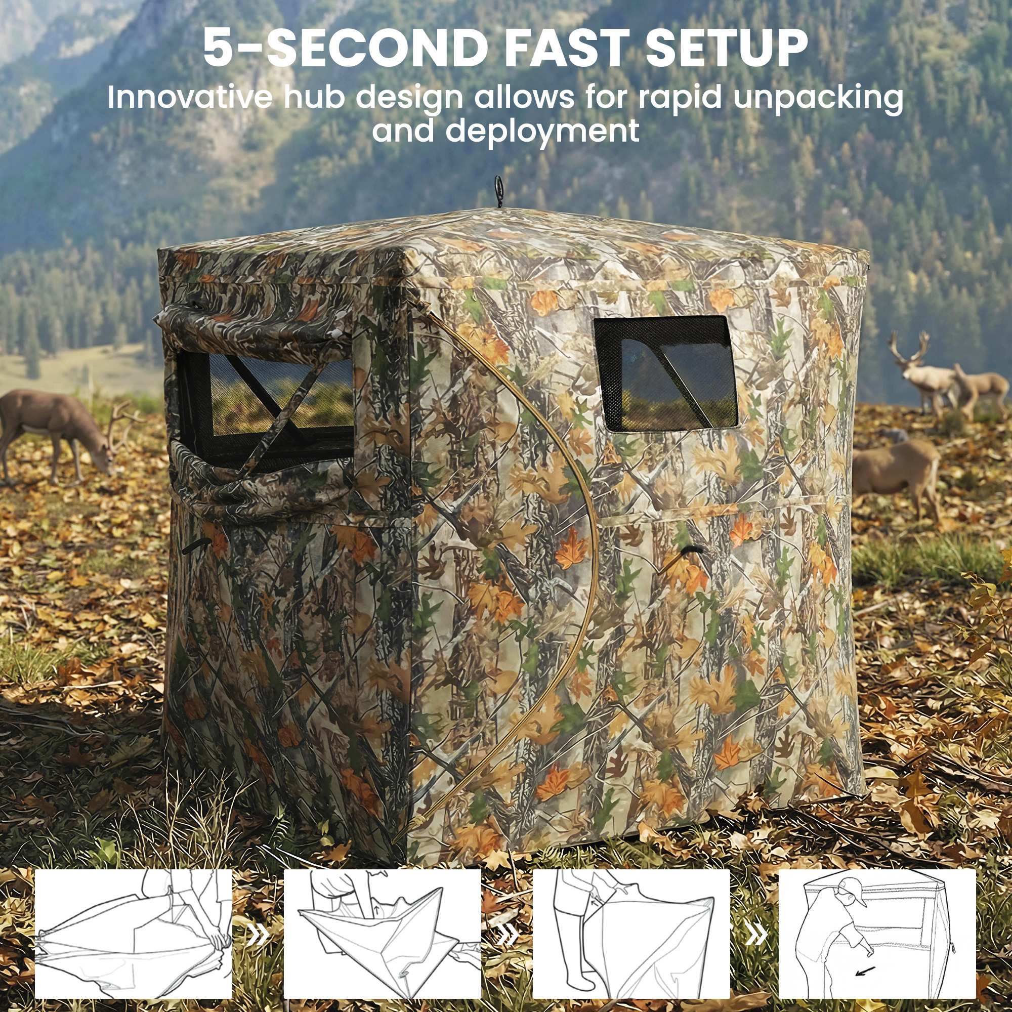  Hunting Blind for 2 Person, See Through Pop Up Blind with 270-Degree View, Windows for Deer Hunting, Camouflage