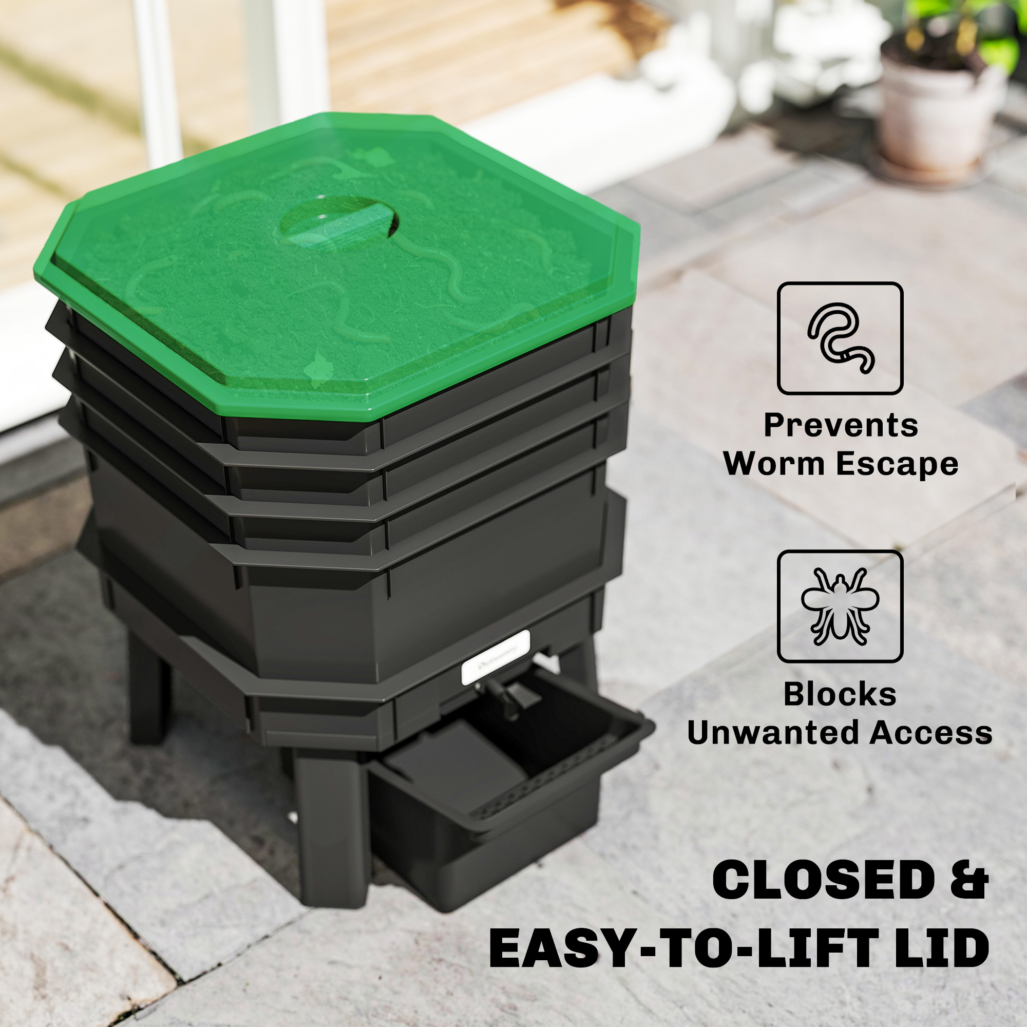  4-Tray Worm Composter Bin, 7.4 Gal Outdoor & Indoor Worm Composter for Recycling Food Waste, Dark Green