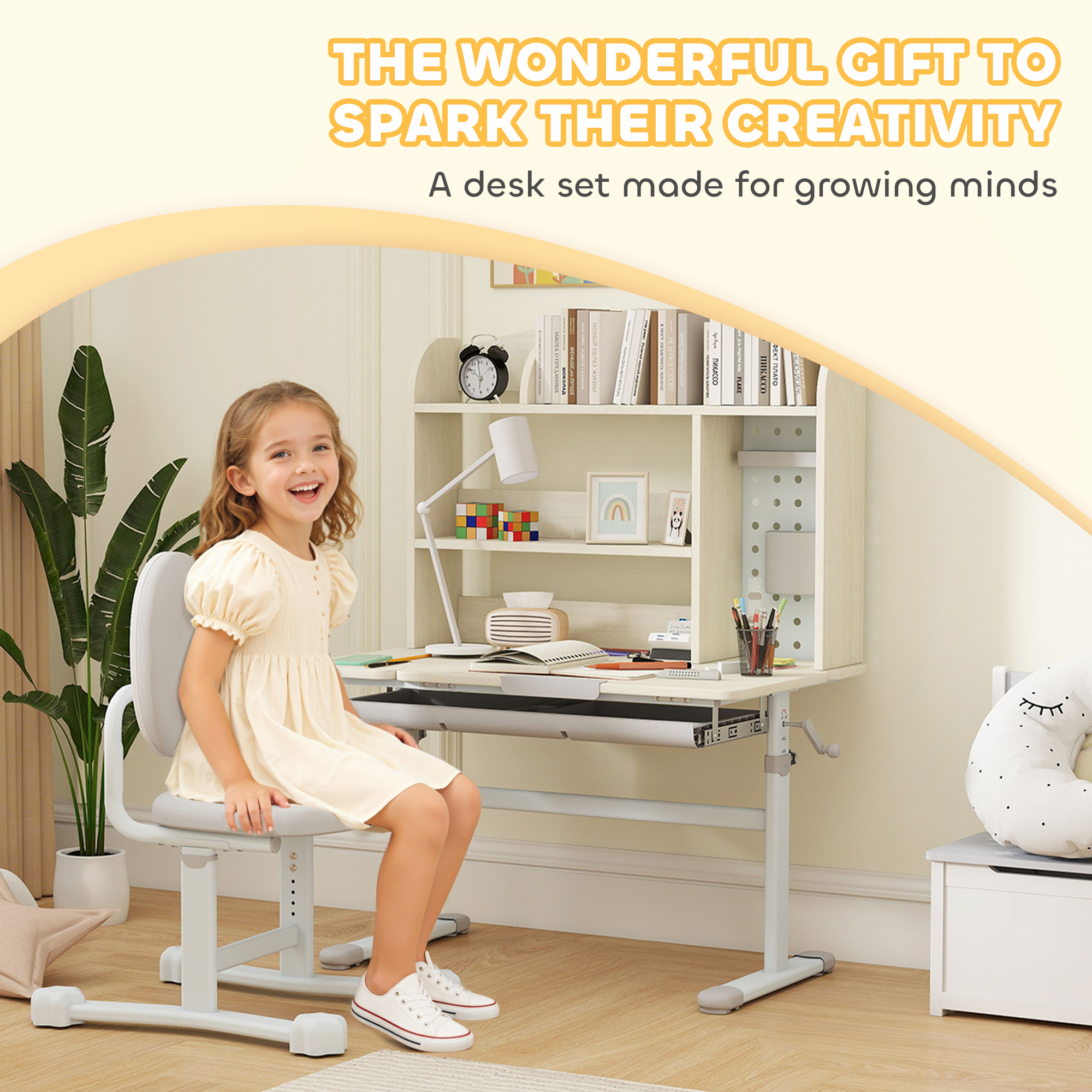 Kids Study Desk and Chair Set with Adjustable Height, Tiltable Desktop, Hutch and Drawer for Ages 3-12, Gray