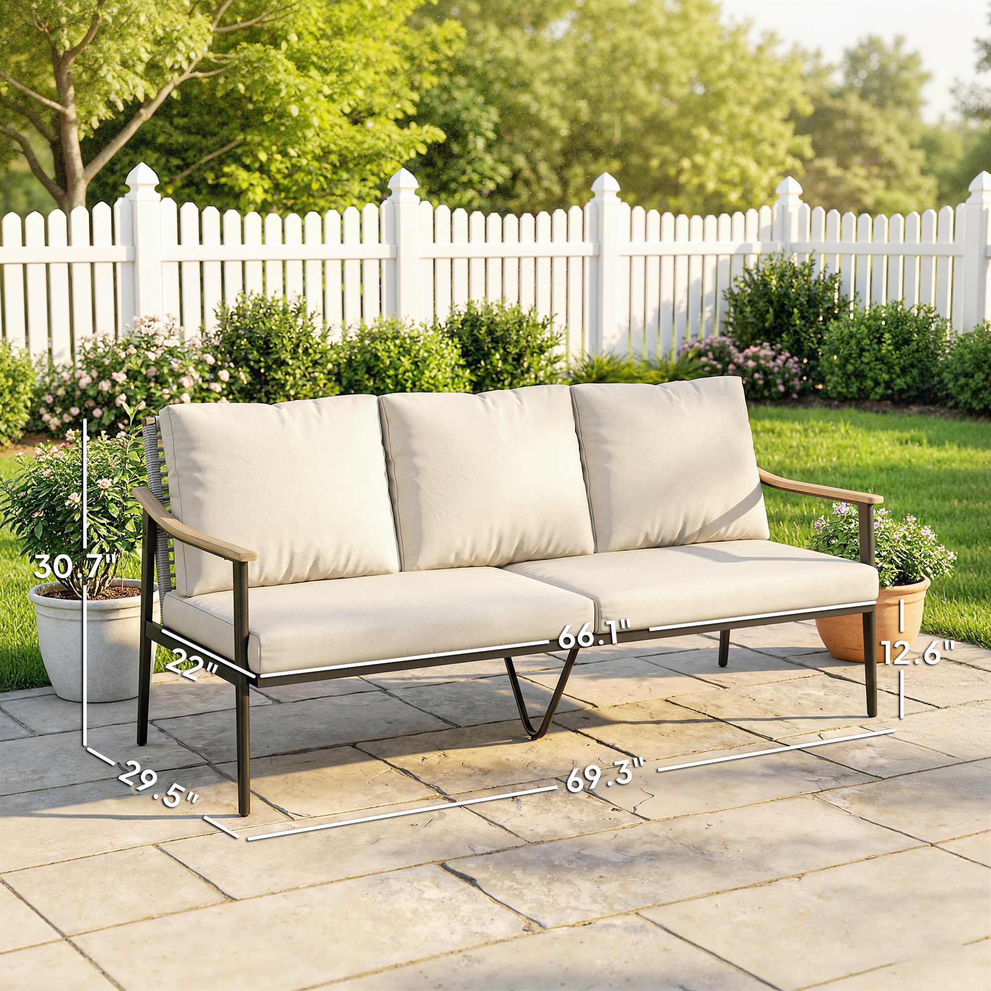  3 Seater Outdoor Patio Sofa, Outdoor Couch with Wood-Effect Armrests, Wicker Backrest, Cushions for Garden Yard, Khaki