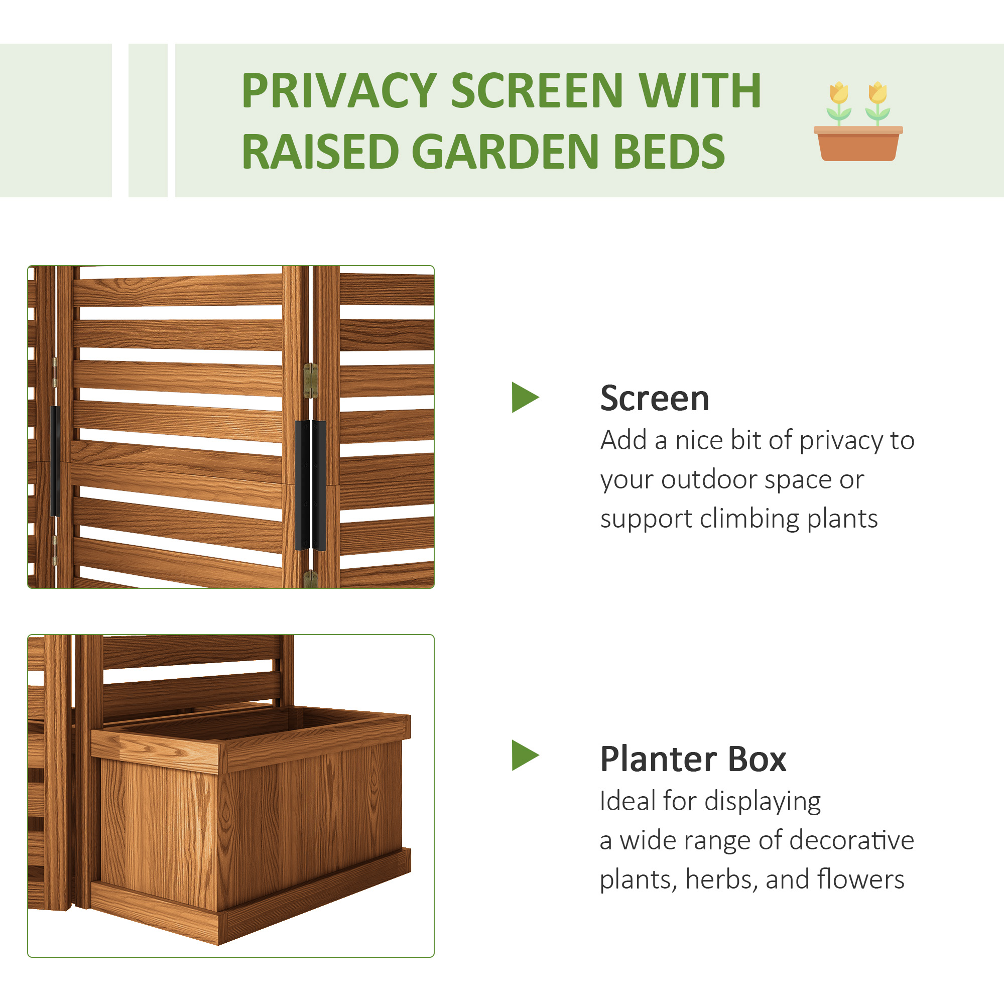  62.5" x 19" x 66" Wood Panel Trellis w/ 4 Planter Box Raised Bed for Garden Natural Wood