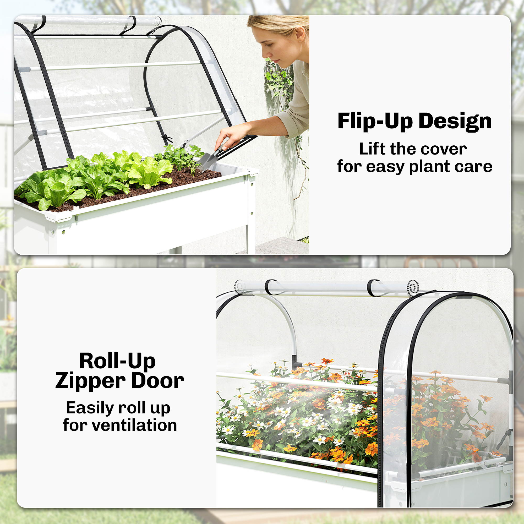  Raised Garden Bed with Flip-Up Greenhouse Cover, Metal Elevated Garden Bed with Legs and Drainage Hole, White