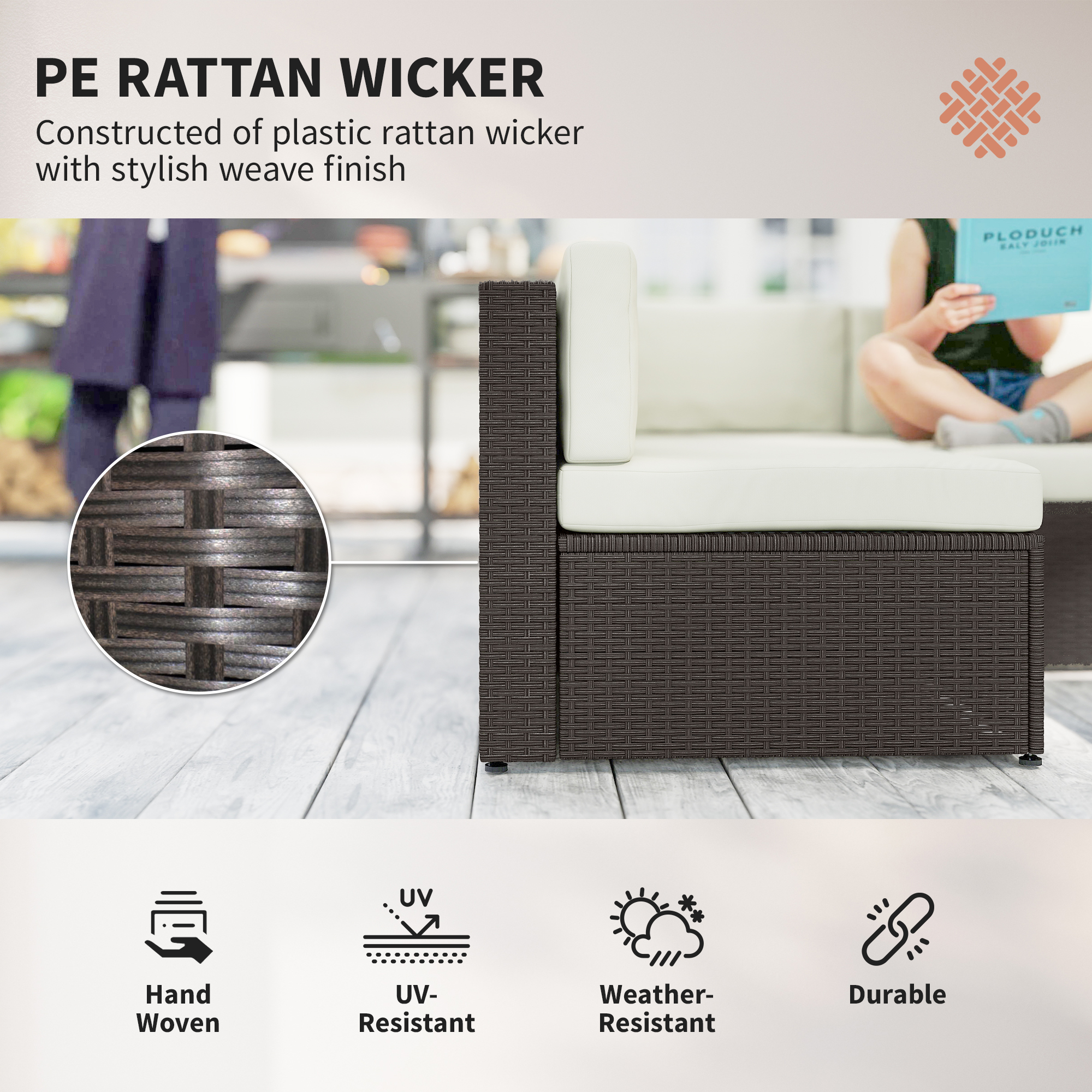  7 Piece Patio Furniture Set, All Weather PE Rattan Outdoor Furniture Conversation Sets with Glass Top Coffee Table