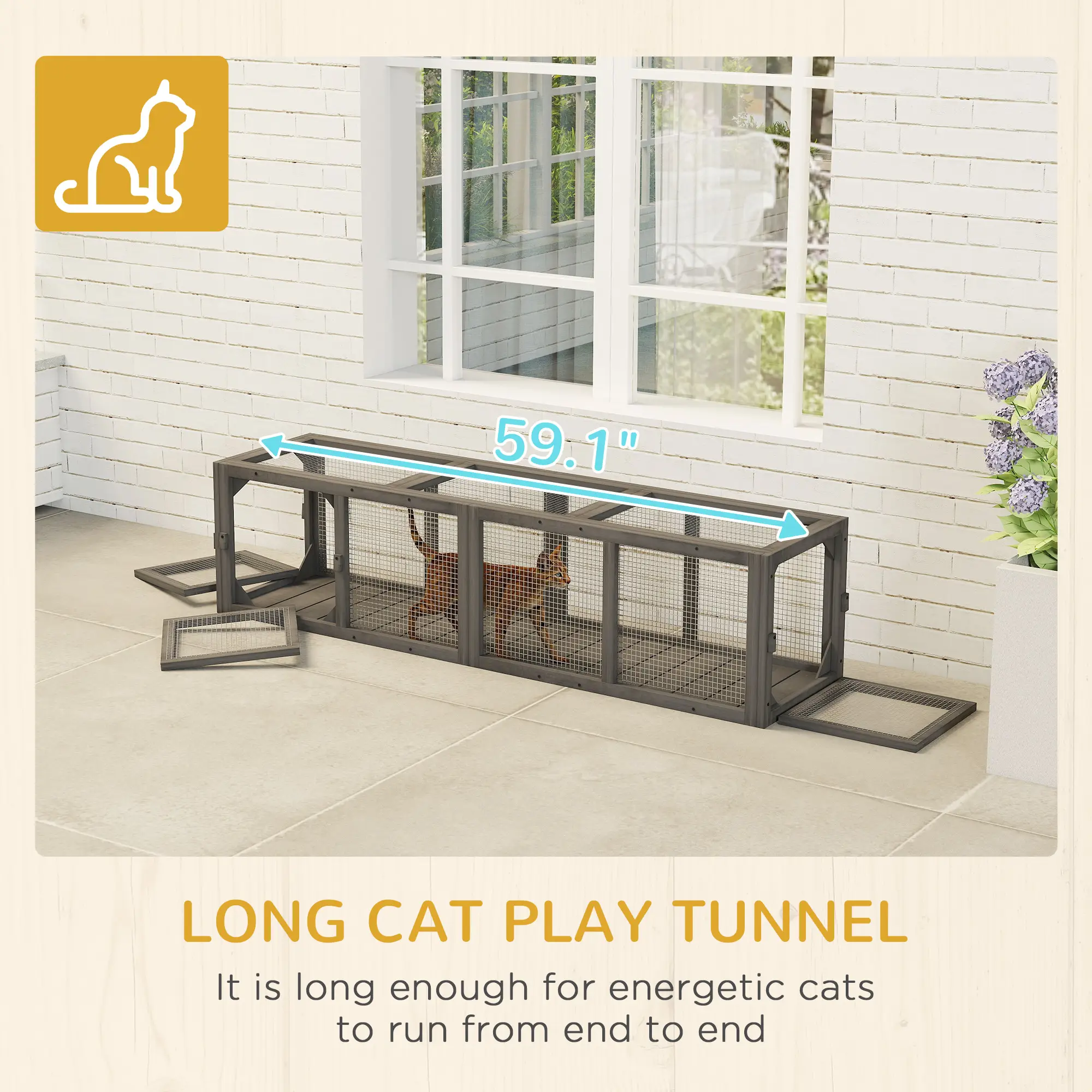Outdoor Cat Tunnel, 59" Wooden Play Cat Enclosure, Extendable Pet Run with 3 Doors for Kitty, Puppy, Gray