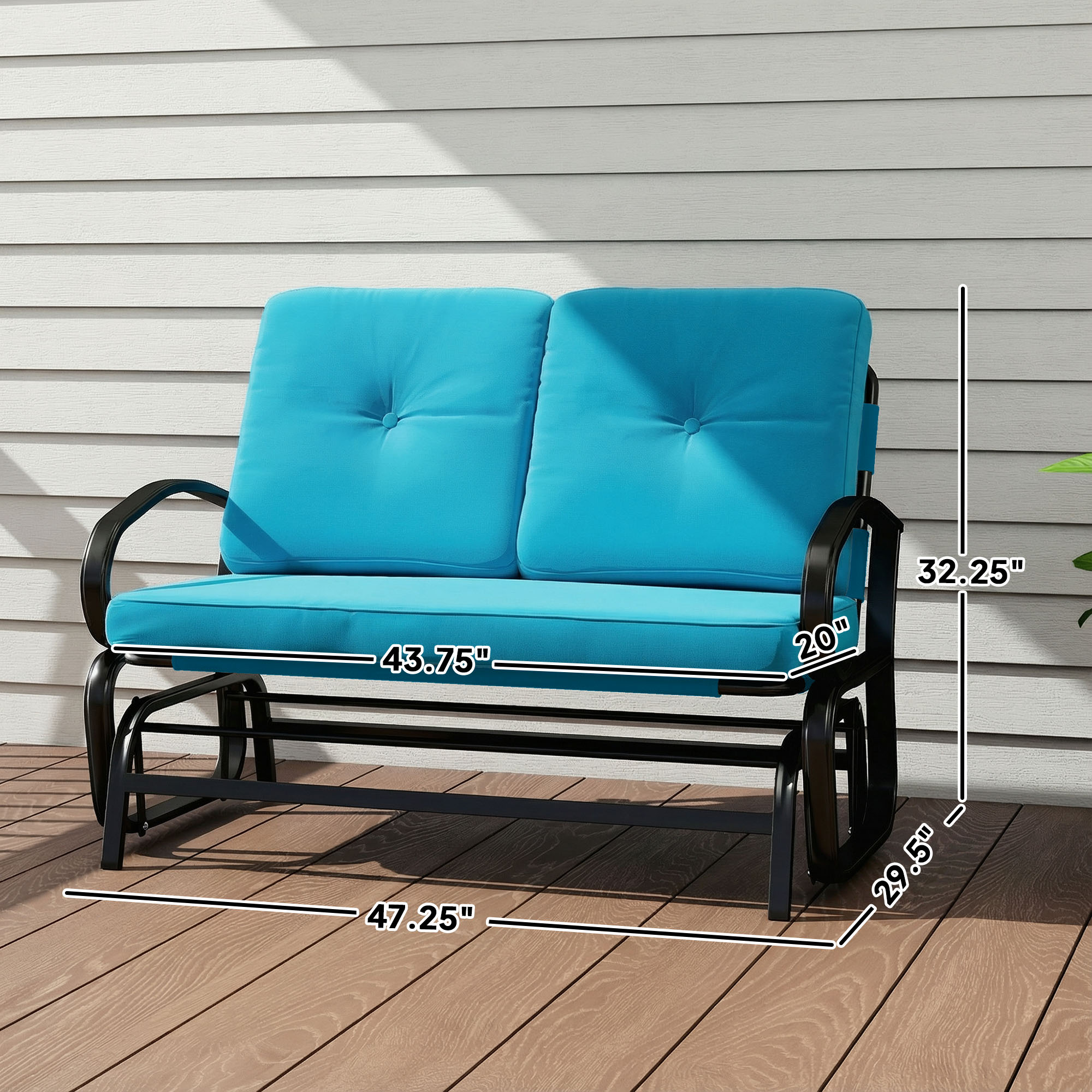  Outdoor Glider Bench, 2-Person Patio Rocker Loveseat with Tufted Cushions, Steel Frame for Porch, Garden Backyard, Blue