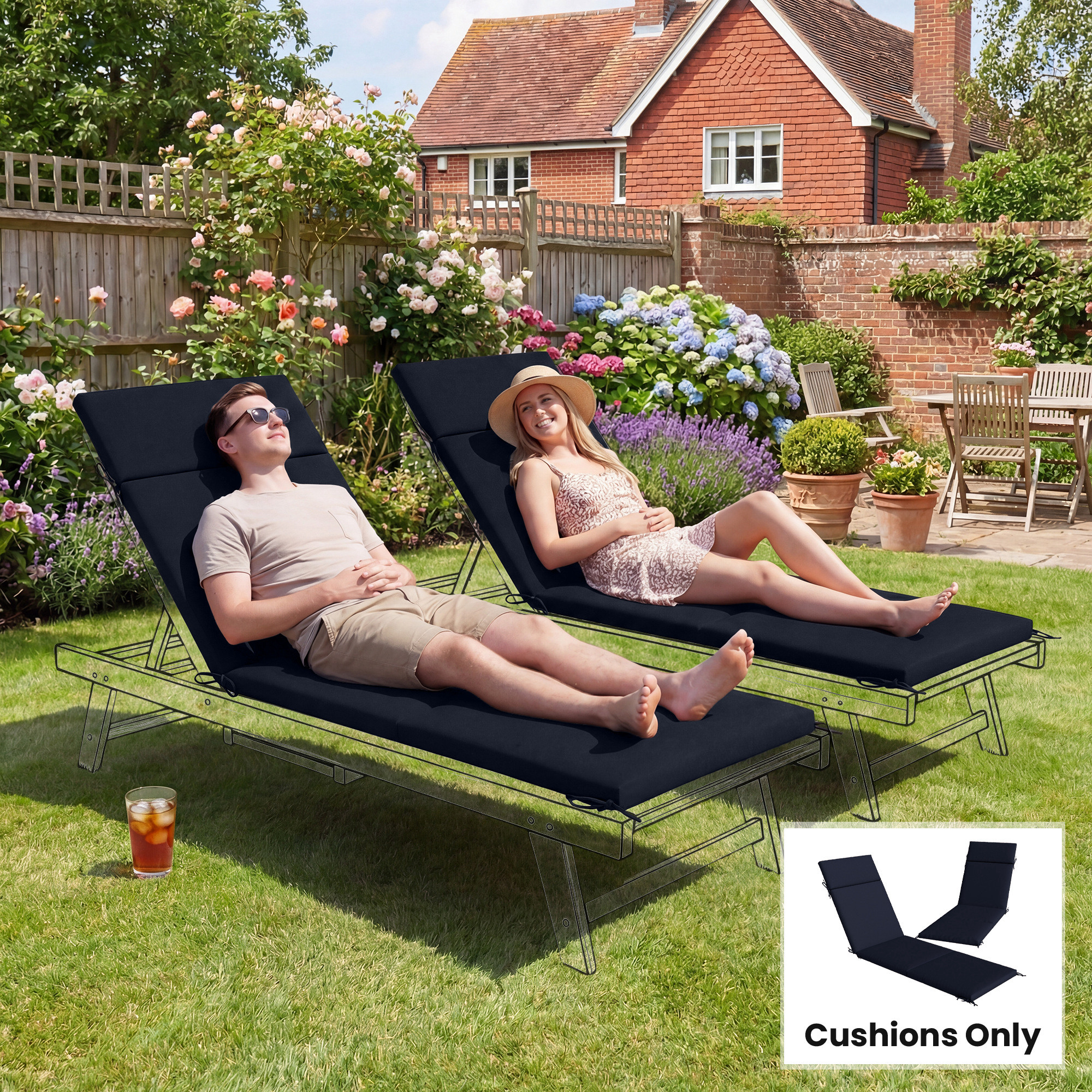  Outdoor Chaise Lounge Cushions Set of 2 with 6 Ties, High-Density Foam, for Patio and Poolside, Navy Blue
