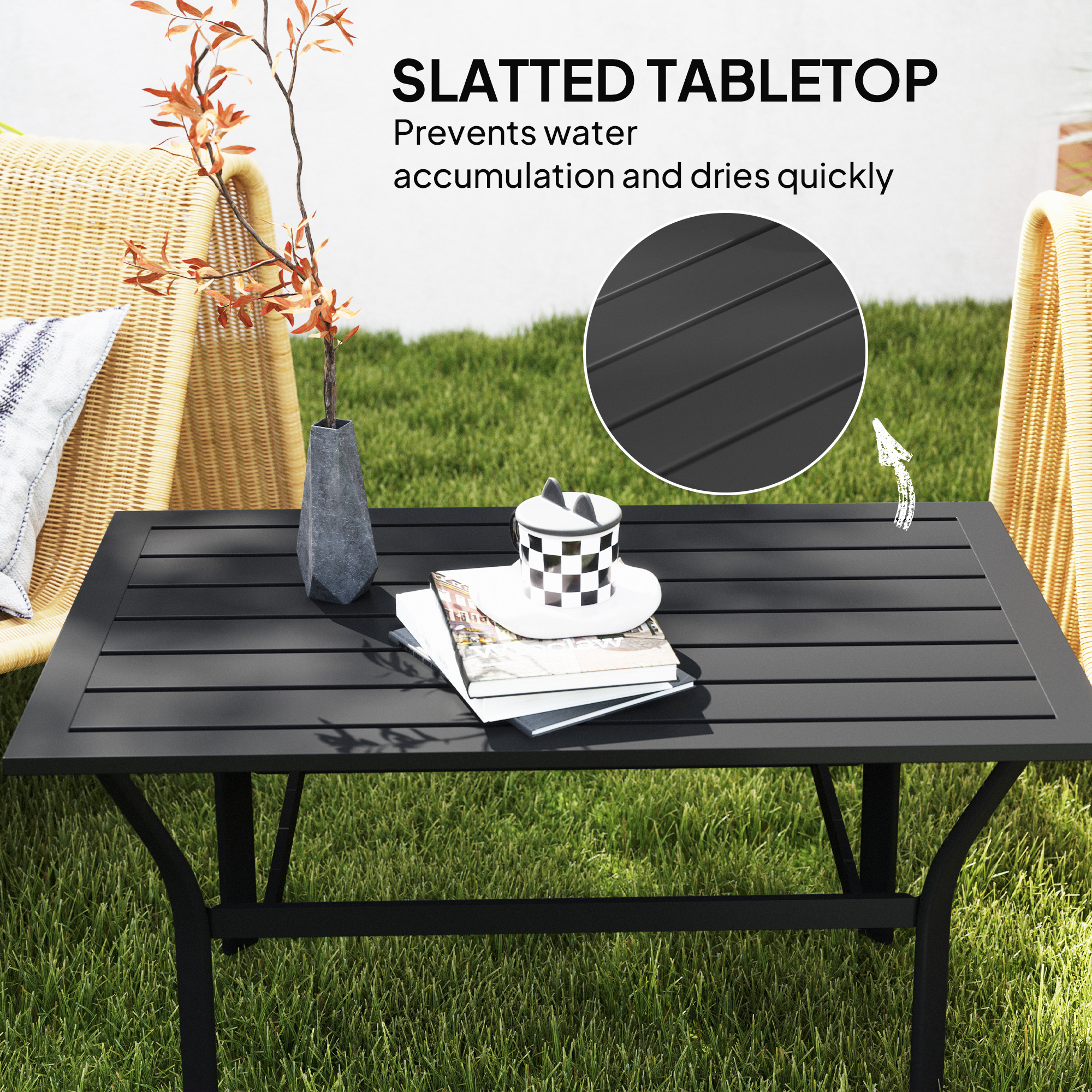  Outdoor Coffee Table with Slatted Tabletop, All-Weather Rectangle Metal Patio Coffee Table for Garden, Black