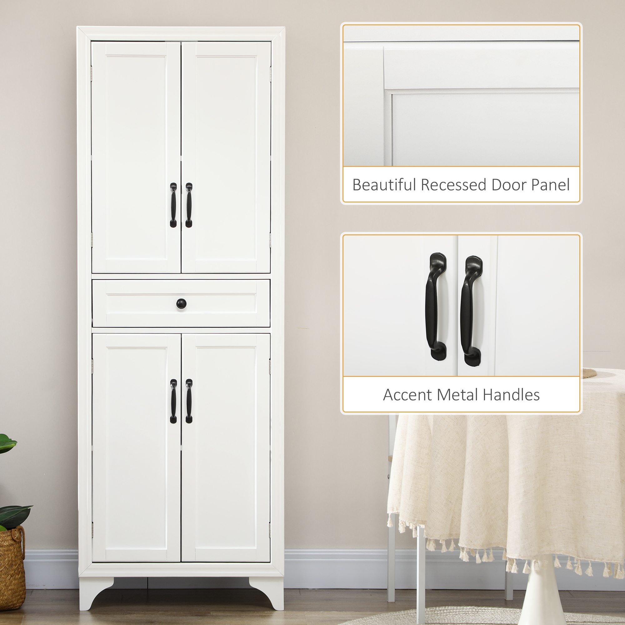  67" 4-Door Kitchen Pantry with Drawer and Adjustable Shelves, White