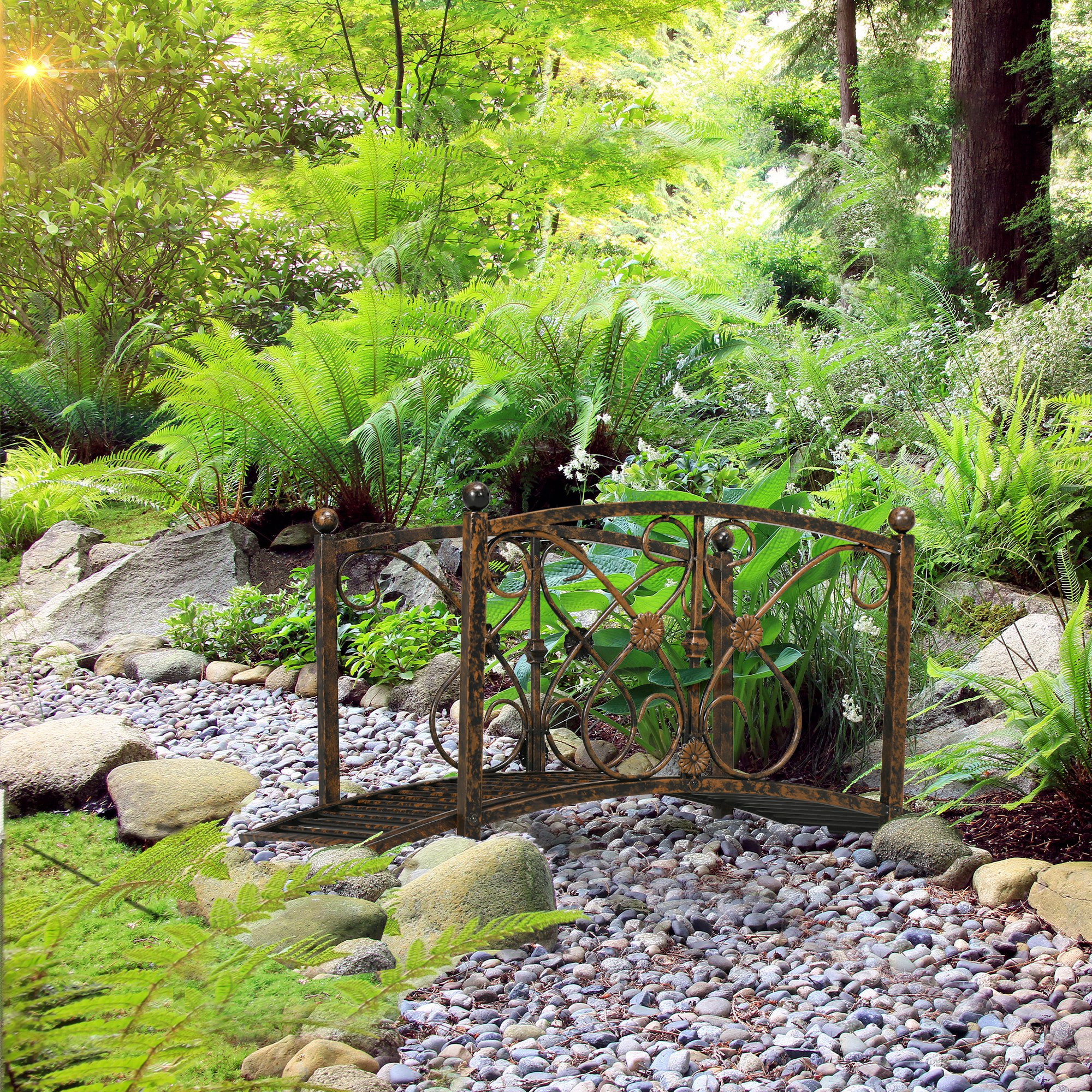 3.3 Metal Garden Bridge, Decorative Classic Footbridge Pond Bridge with Safety Railings for Backyard Garden Creek, Rust Brown