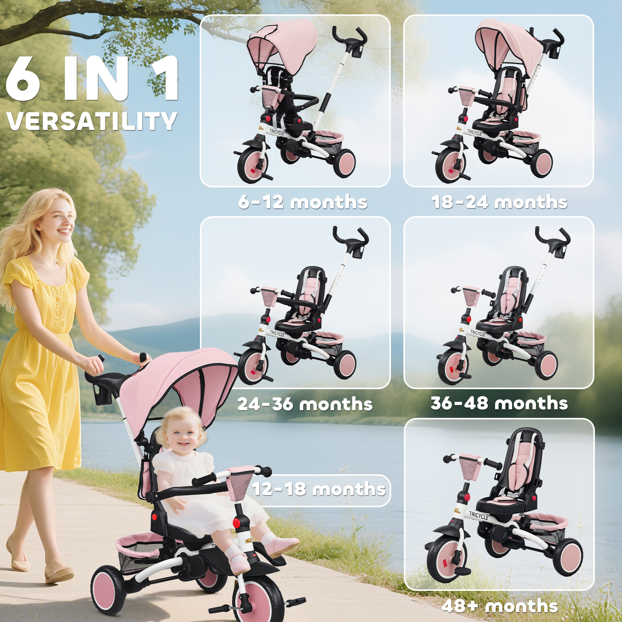 6 in 1 Kids Tricycle with Adjustable Push Handle, Removable Canopy, Reversible Seat, for 1-5 Years, Pink