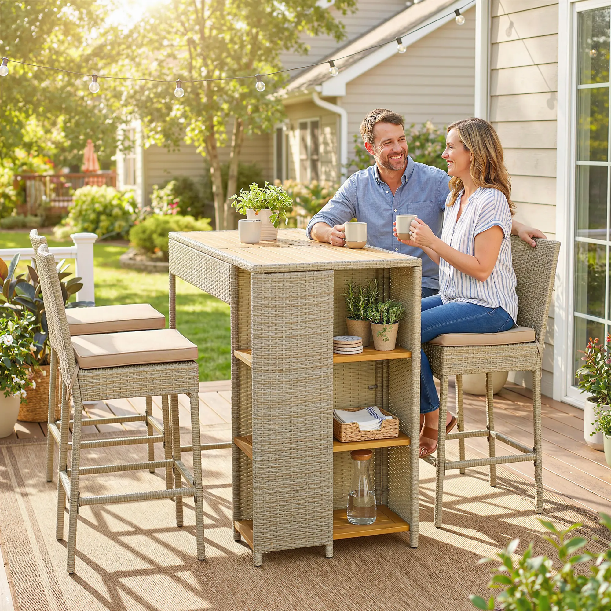 Wicker Outdoor Bar Set, Acacia Wood High