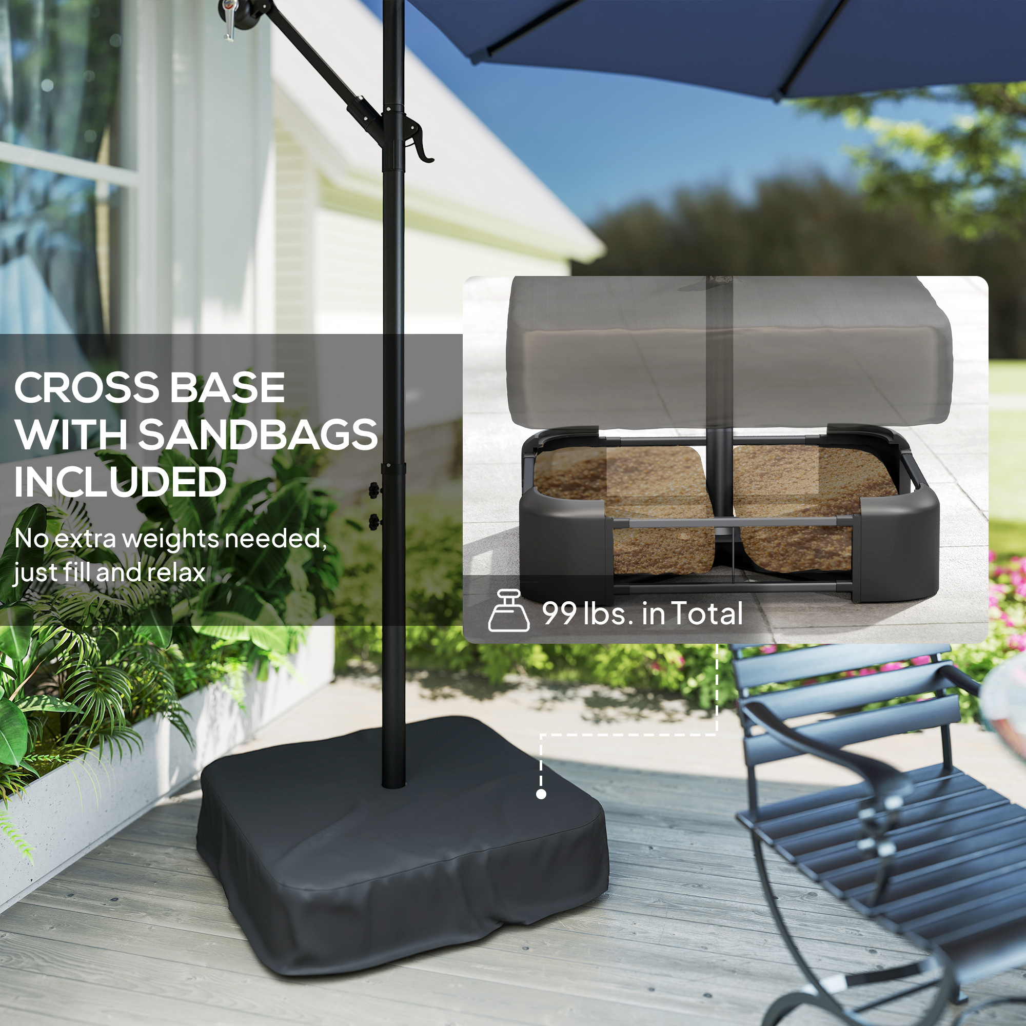  10 ft Cantilever Patio Umbrella with Light, Weight, Offset Hanging Outdoor Umbrella with Protective Cover, Dark Blue