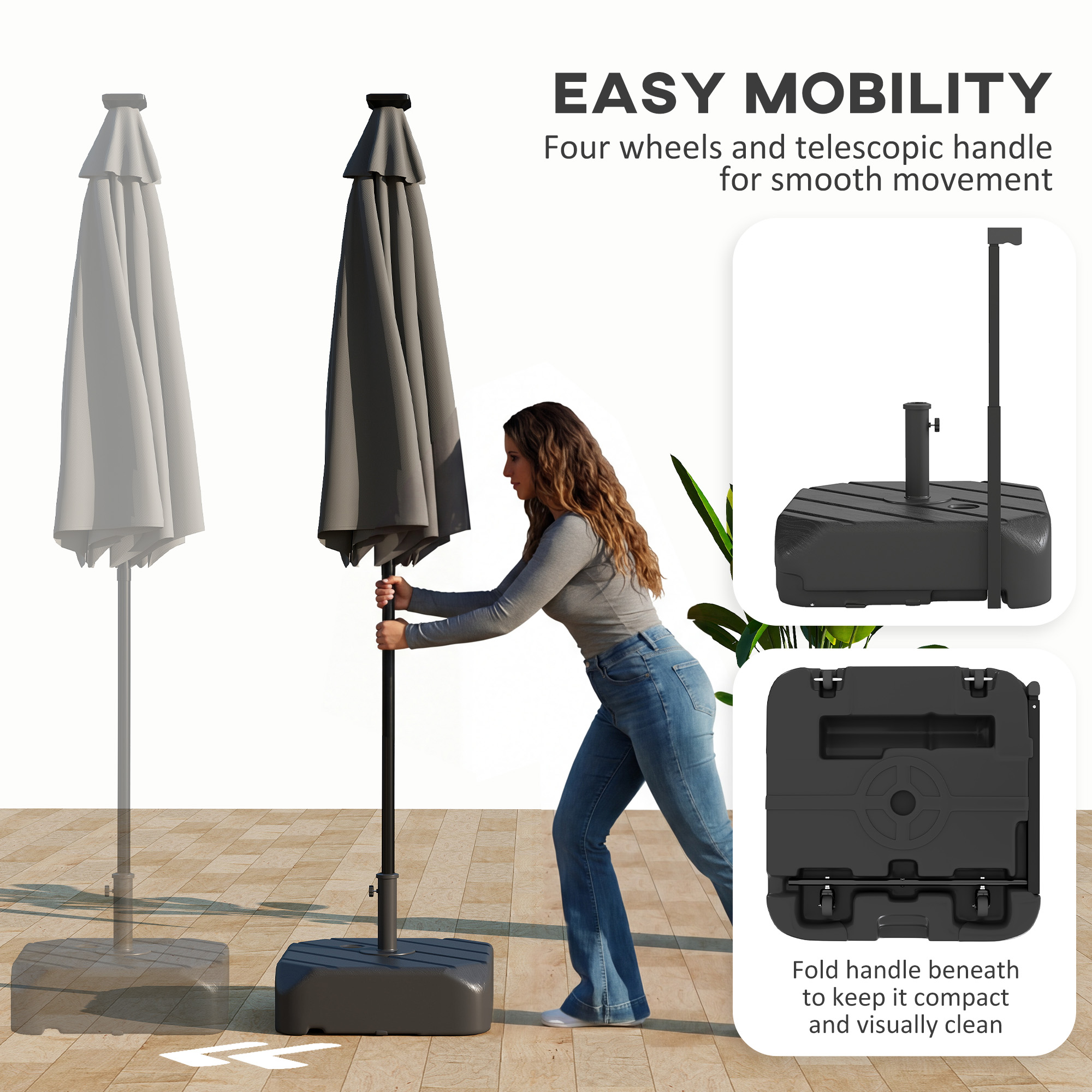  Patio Umbrella Base with Wheels, Telescopic Handle, 158 lb Sand or 99 lb Water Filled Umbrella Stand, Black