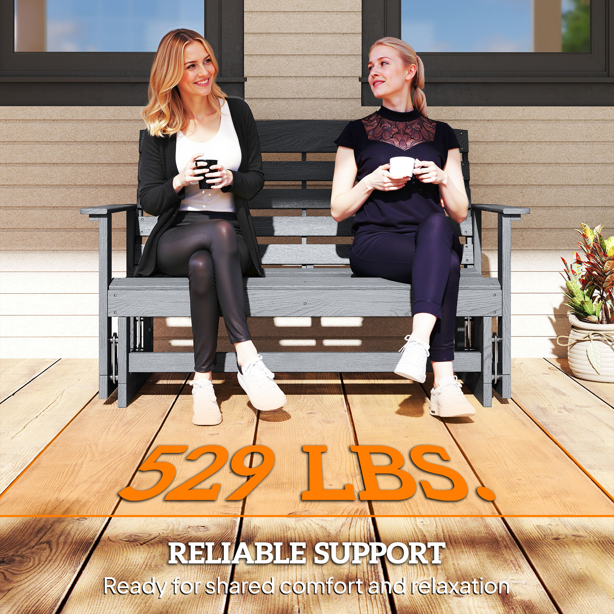  Patio Glider Bench w/ HDPE Slatted Double Rocking Chair, Distressed Gray