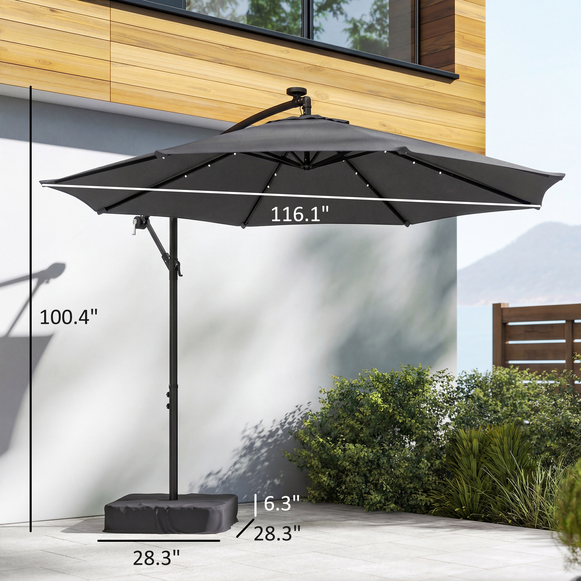  10 ft Cantilever Patio Umbrella with Light, Weight, Offset Hanging Outdoor Umbrella with Protective Cover, Dark Gray