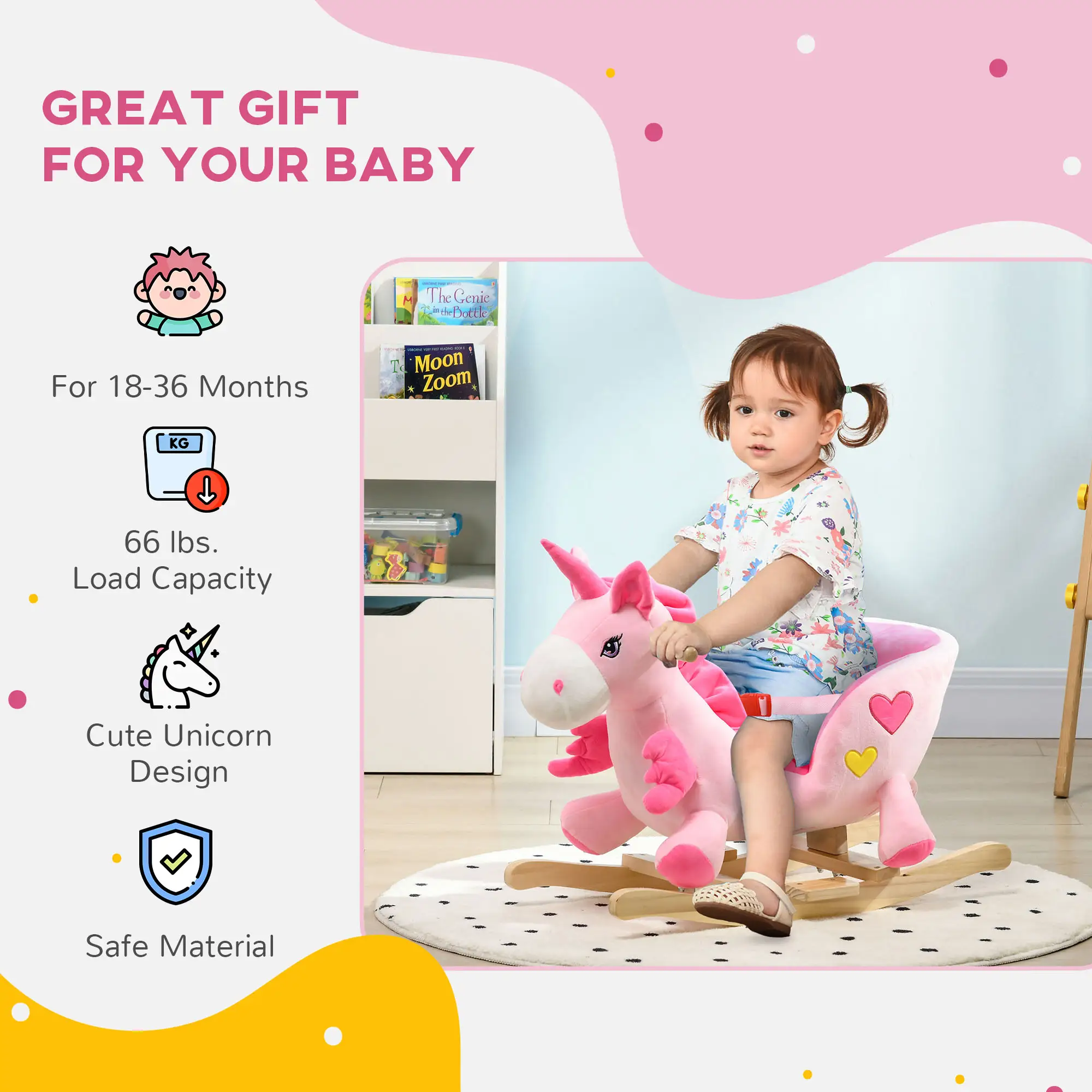 Baby Rocking Horse Ride On Unicorn with 32 Songs, Seatbelt, Pink