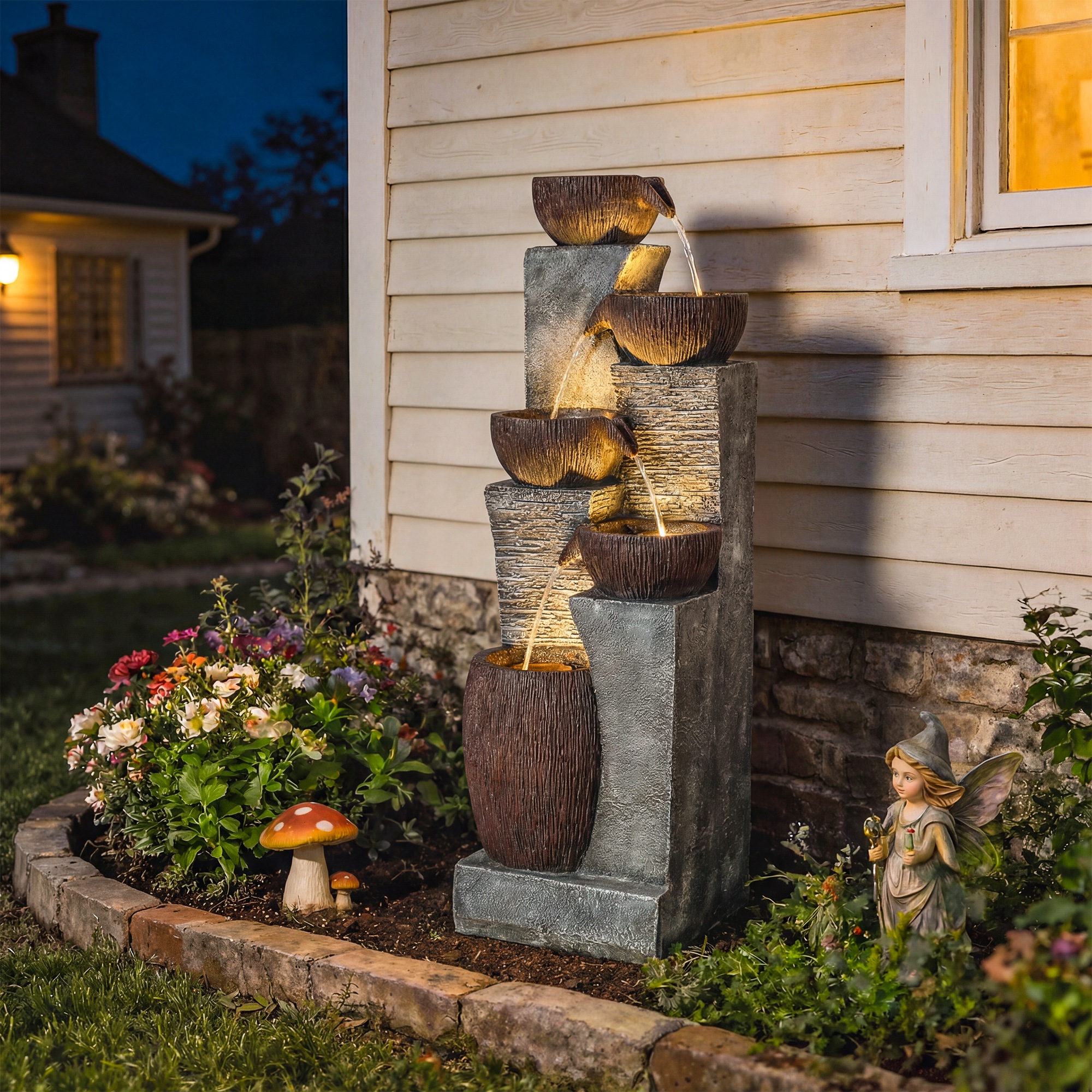  Outdoor Water Fountain with 5-Tier Crock Design, 51.2" Tall Cascading Waterfall Garden Fountain with LED Lights