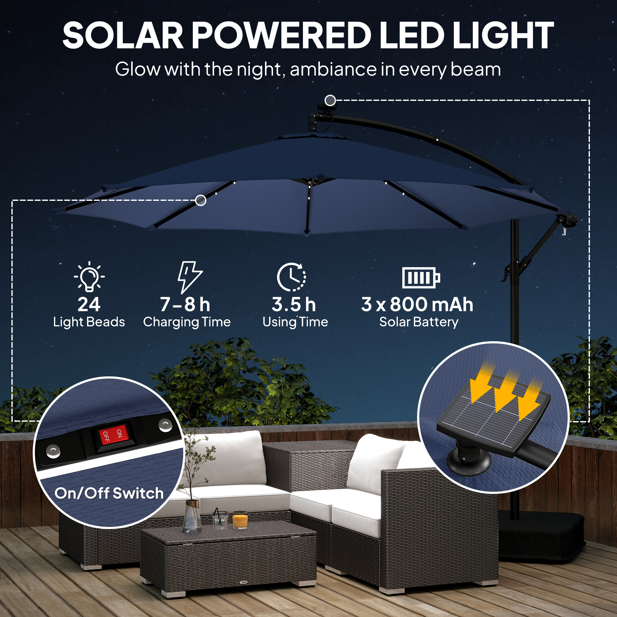  10 ft Cantilever Patio Umbrella with Light, Weight, Offset Hanging Outdoor Umbrella with Protective Cover, Dark Blue