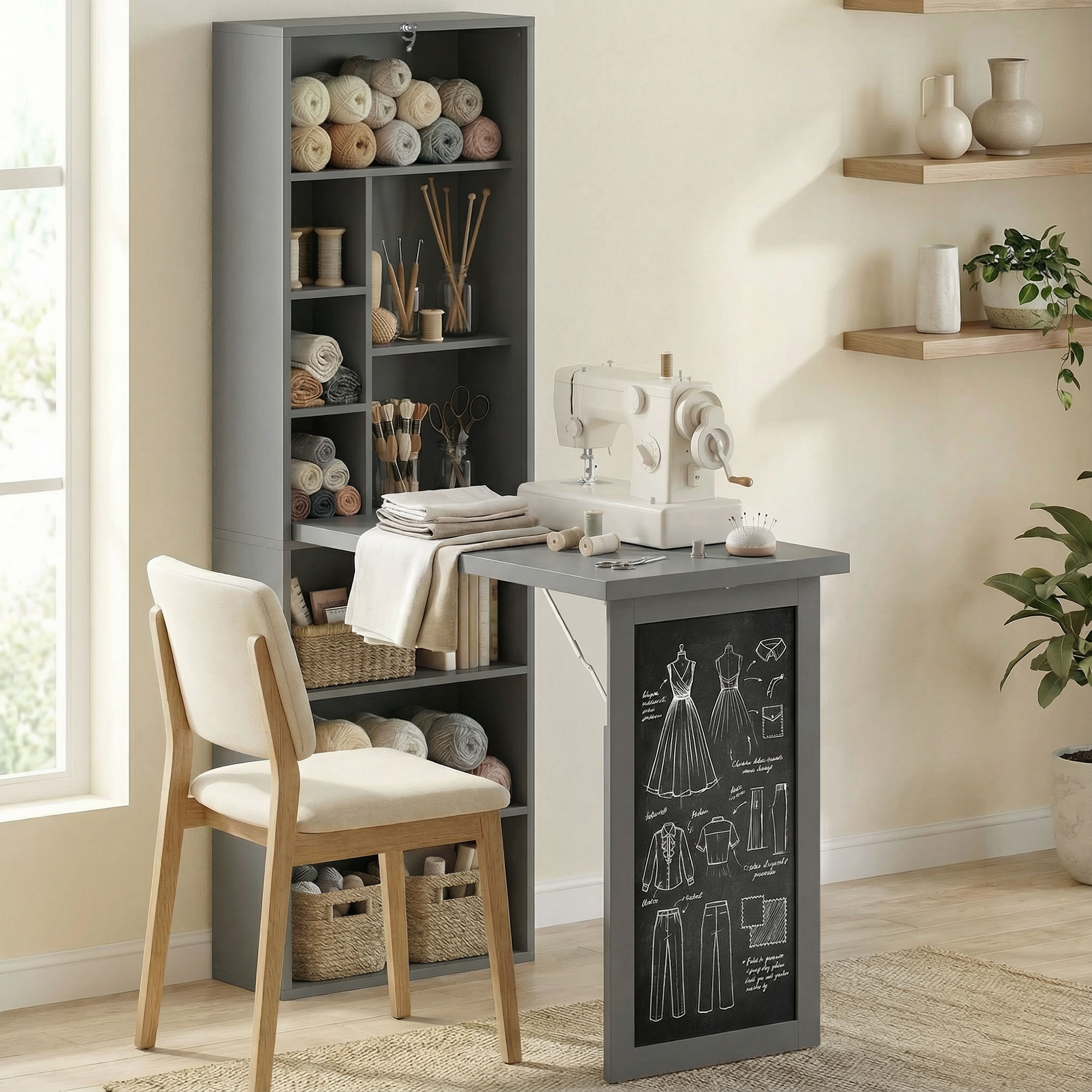 Fold-out Convertible Office Desk, Wall Mount Computer Desk with Blackboard and Side Shelf, Charcoal Gray image 7