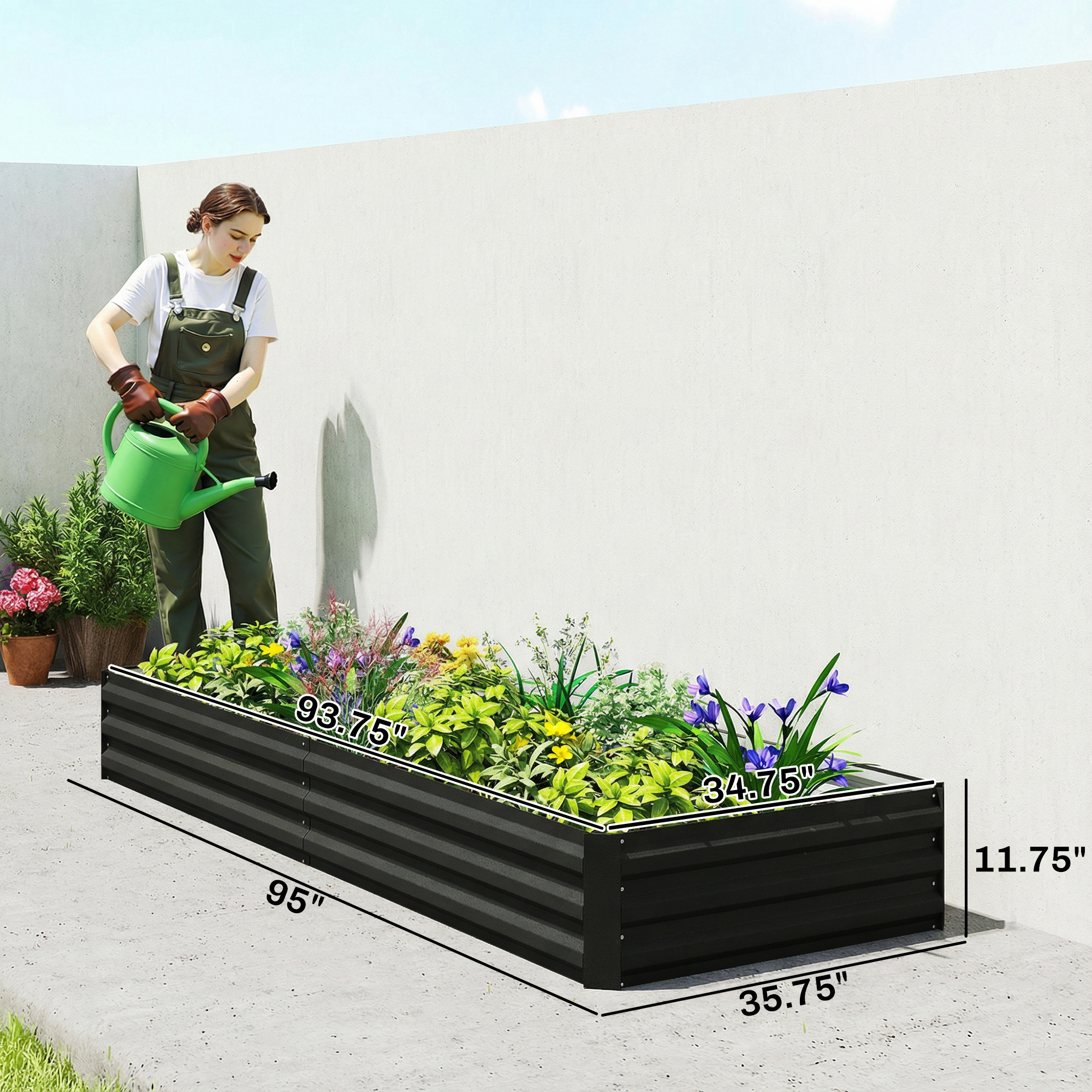  95" x 36" x 12" Galvanized Raised Garden Bed, Easy DIY and Cleaning for Growing Flowers, Herbs, Succulents, Black