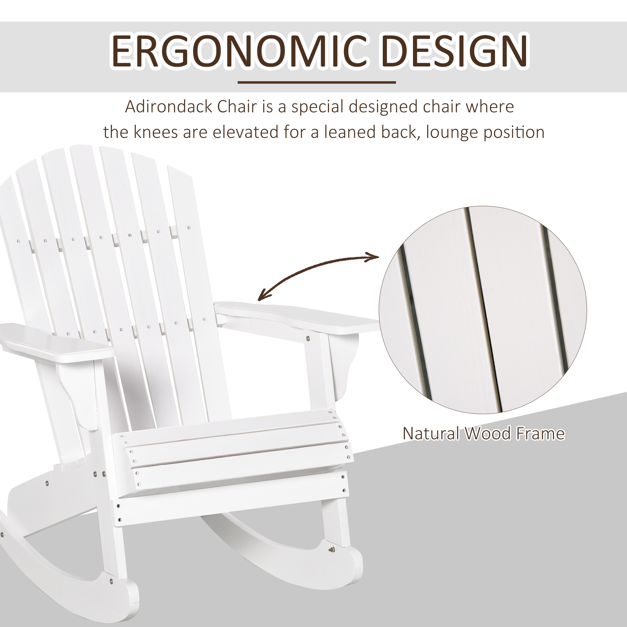  Wooden Adirondack Rocking Chair Outdoor Lounge Chair Fire Pit Seating with Slatted Wooden Design, Fanned Back, White