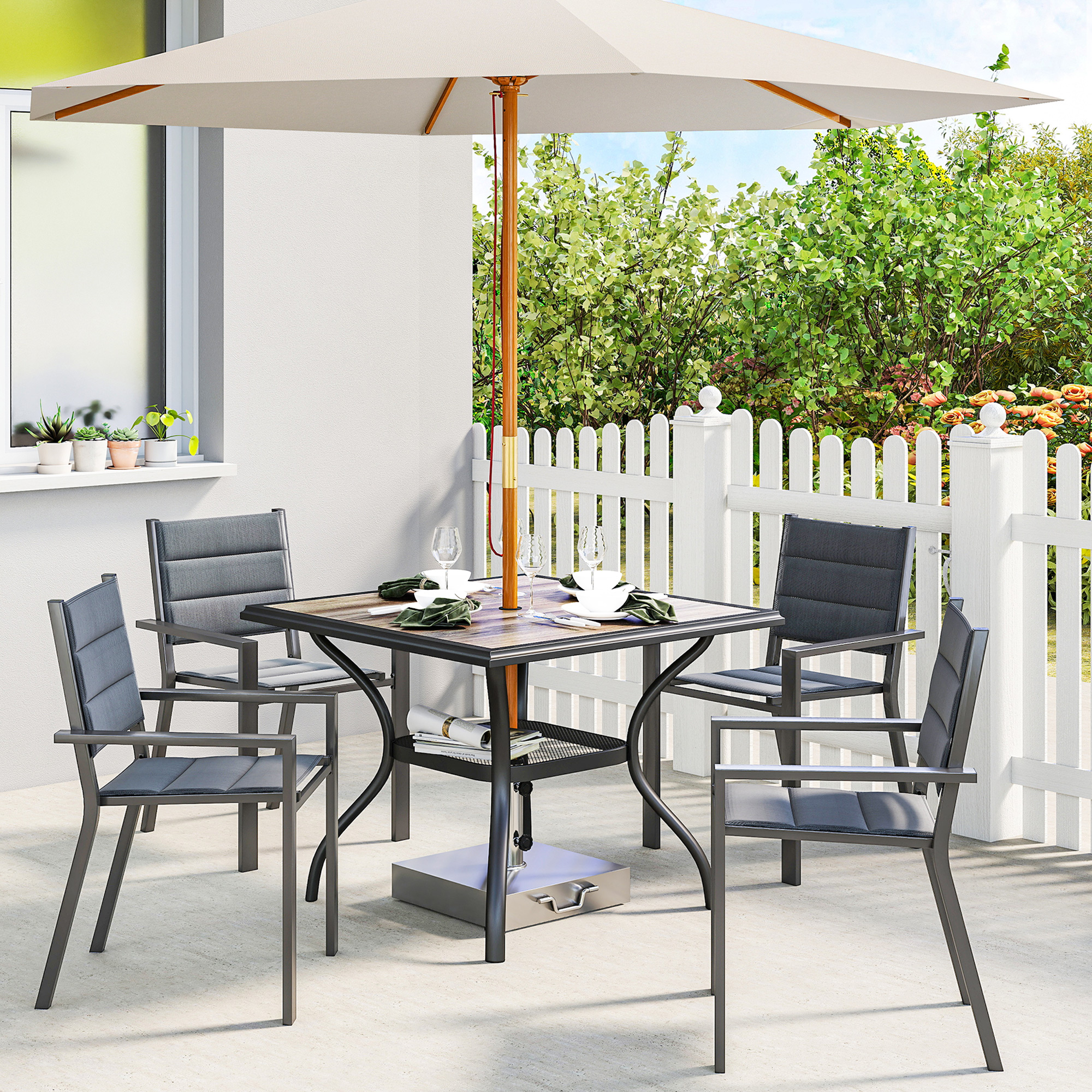  37" Square Outdoor Dining Table for 4, Patio Table with Umbrella Hole, Shelf, Faux Wood Top for Garden, Backyard, Gray
